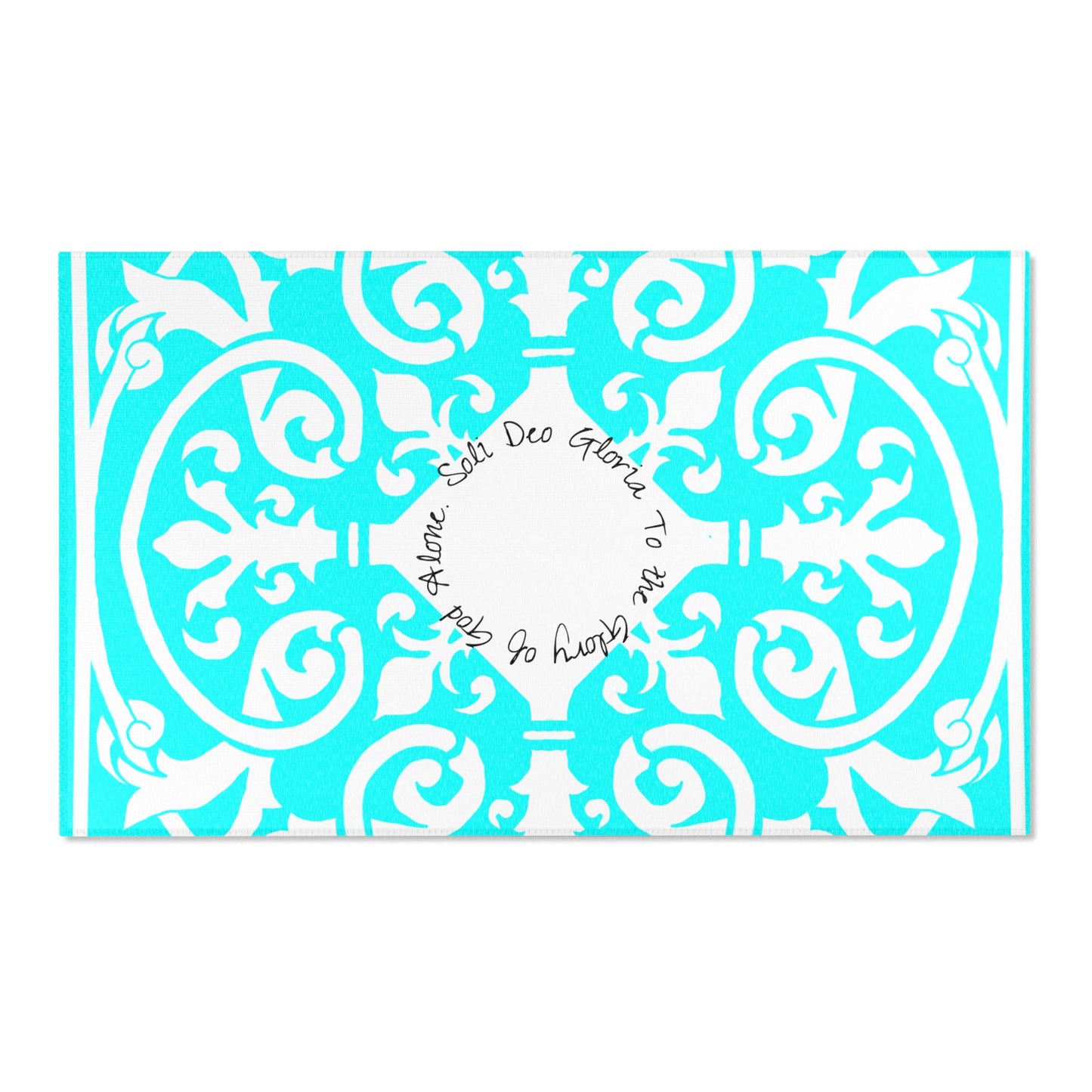 Scrollwork Indoor/Outdoor Rug Aqua "Soli Deo Gloria..."
