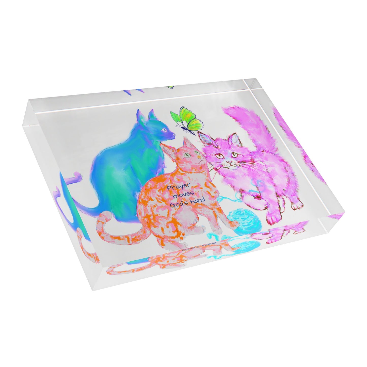 Colorful Cats & Dogs Acrylic Art Block 3 Cats Blue, Orange ,Prayer Moves God's Hand