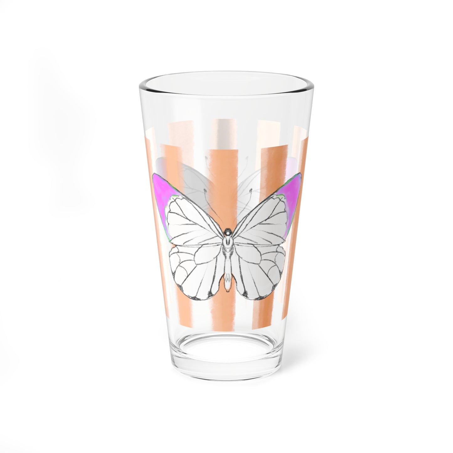 Pint Glass, 16oz Watercolor Stripes & Butterflies