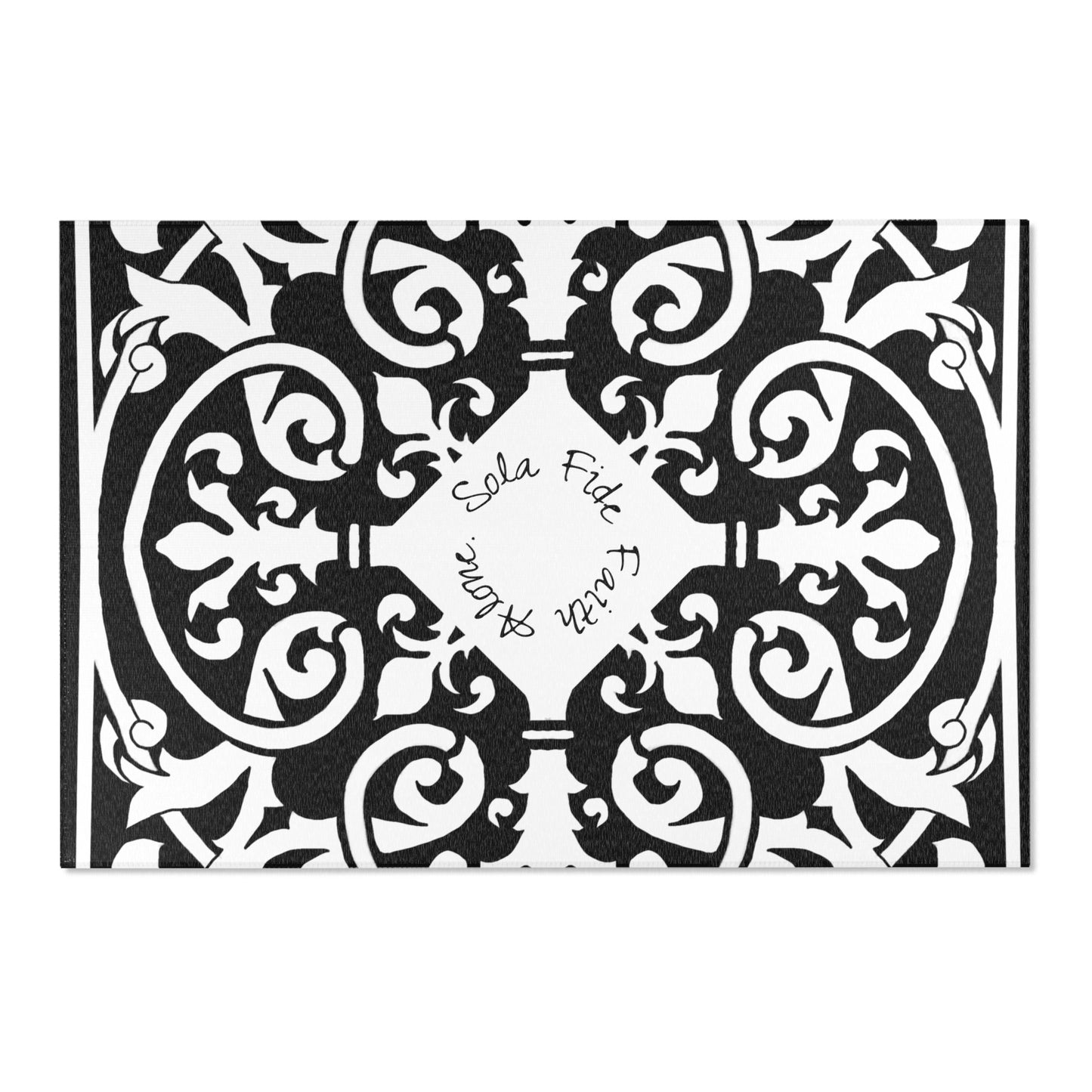 Scrollwork Indoor/Outdoor Rug Black "Sola Fide..."