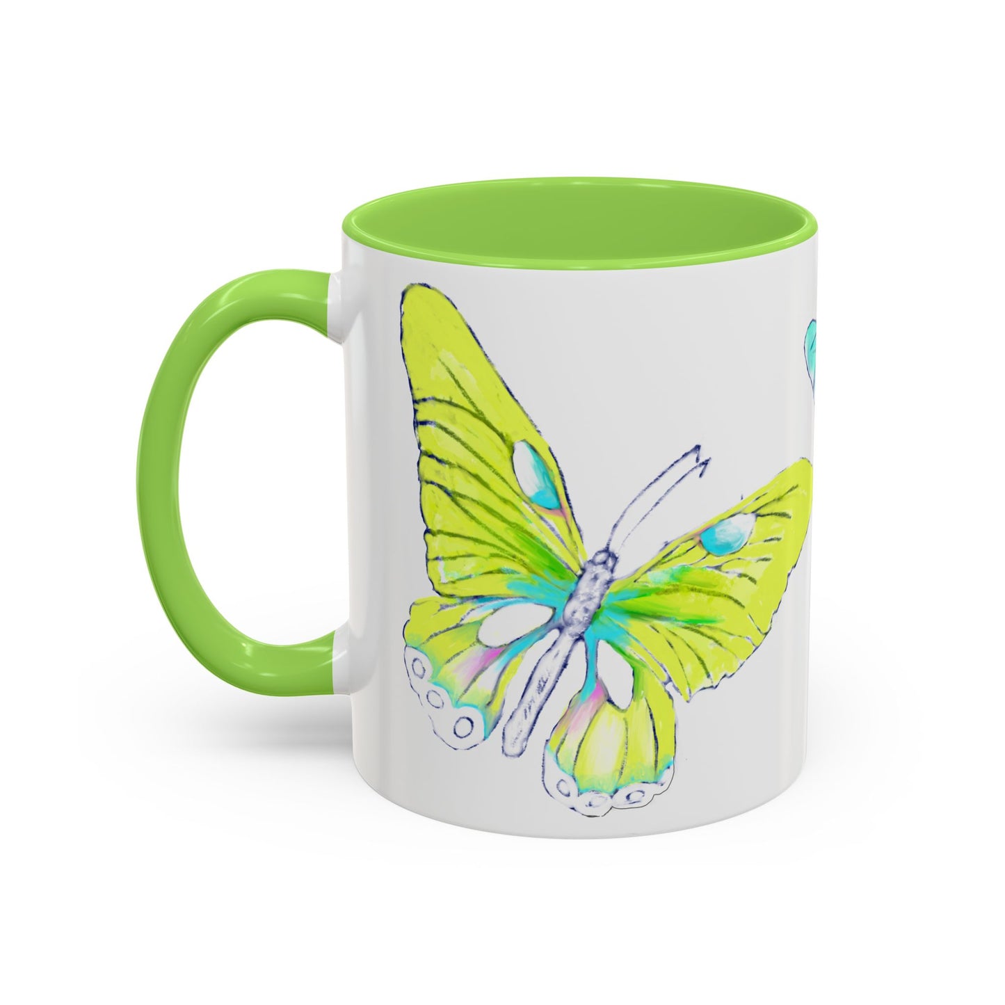 Butterfly Swing, Inside Green Colorful Mugs, Main Butterfly Yellow Green (11oz, 15oz)