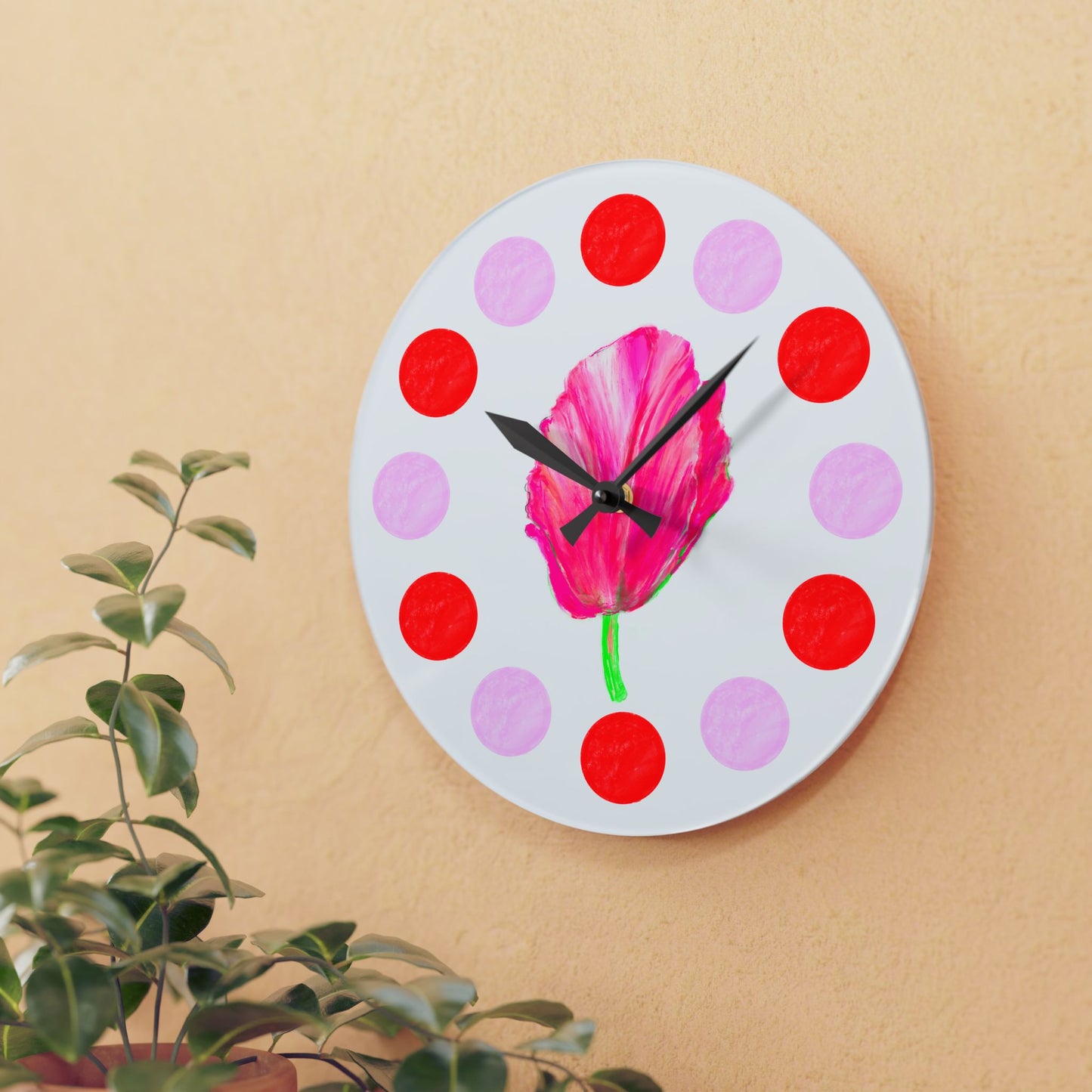 Tulip Love, Acrylic Wall Clock, Pink and Red polka dots tulip