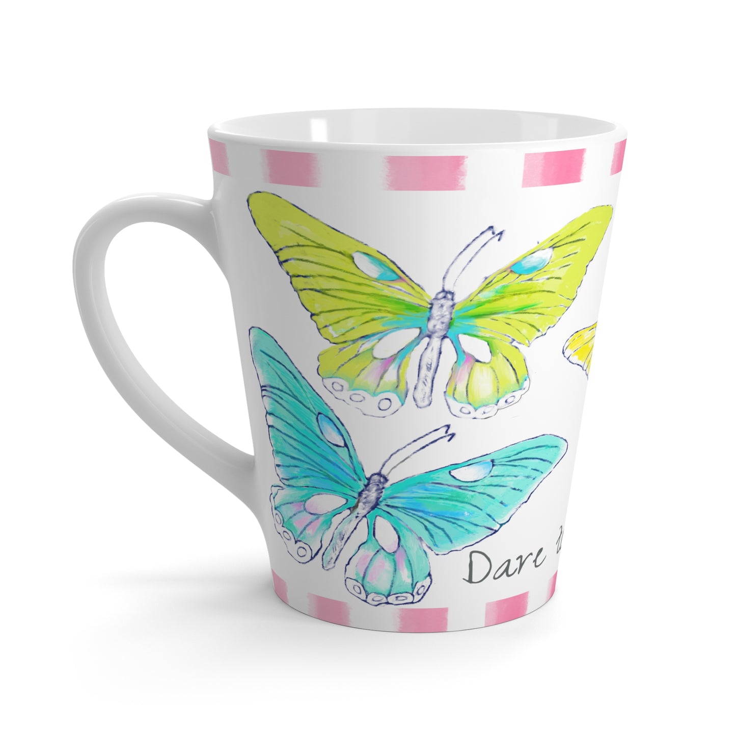 Butterfly Swing Latte Mug Aqua, Pink, Orange, Yellow Butterflies, Pink Stripe “Dare to be Brave”