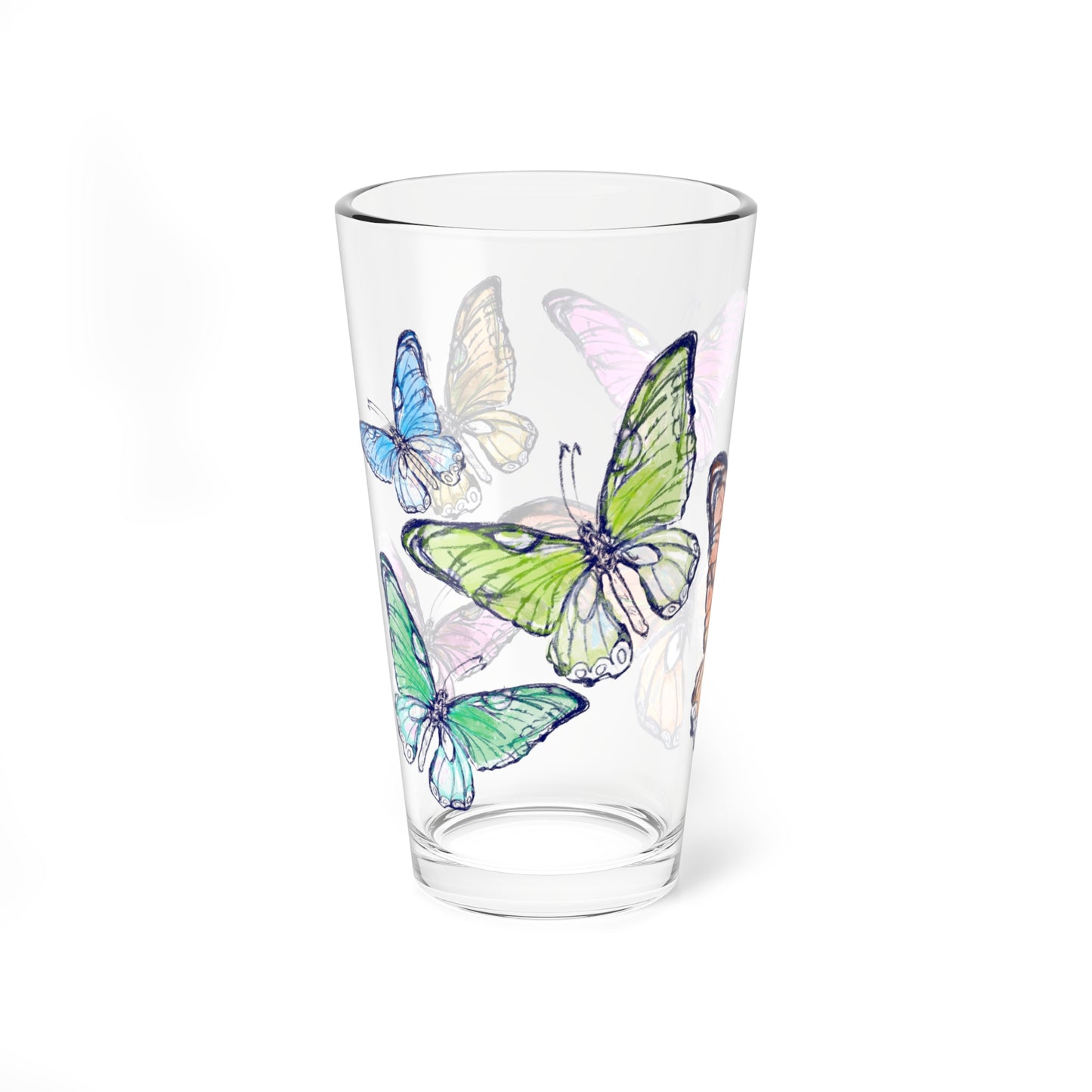 Blossom Whirl  Pint Glass, 16ozl, Largest Butterfly is Orange