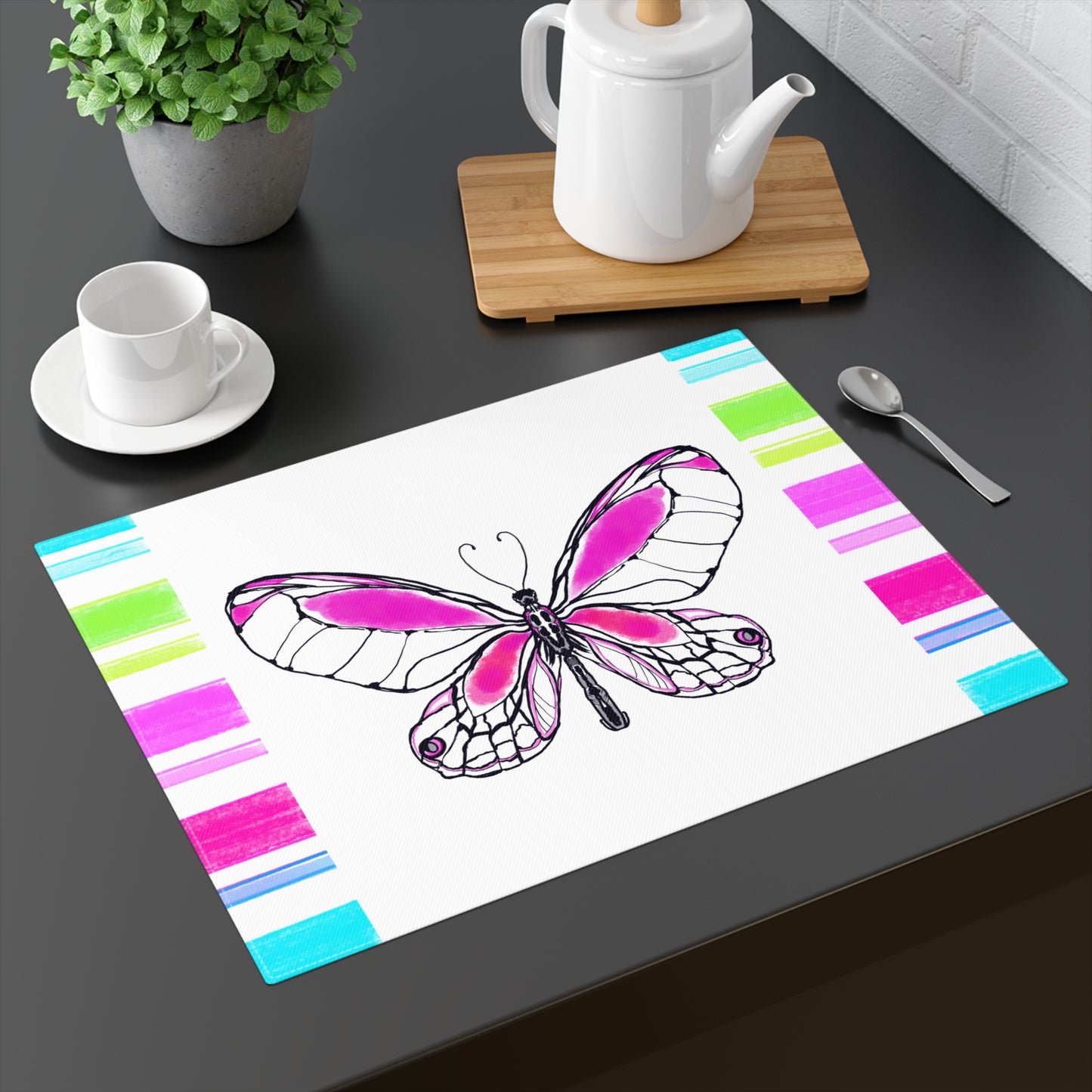 Butterfly Flutterstripe Placemat in Raspberry with Multi-color Stripe Border (1 pc) cotton