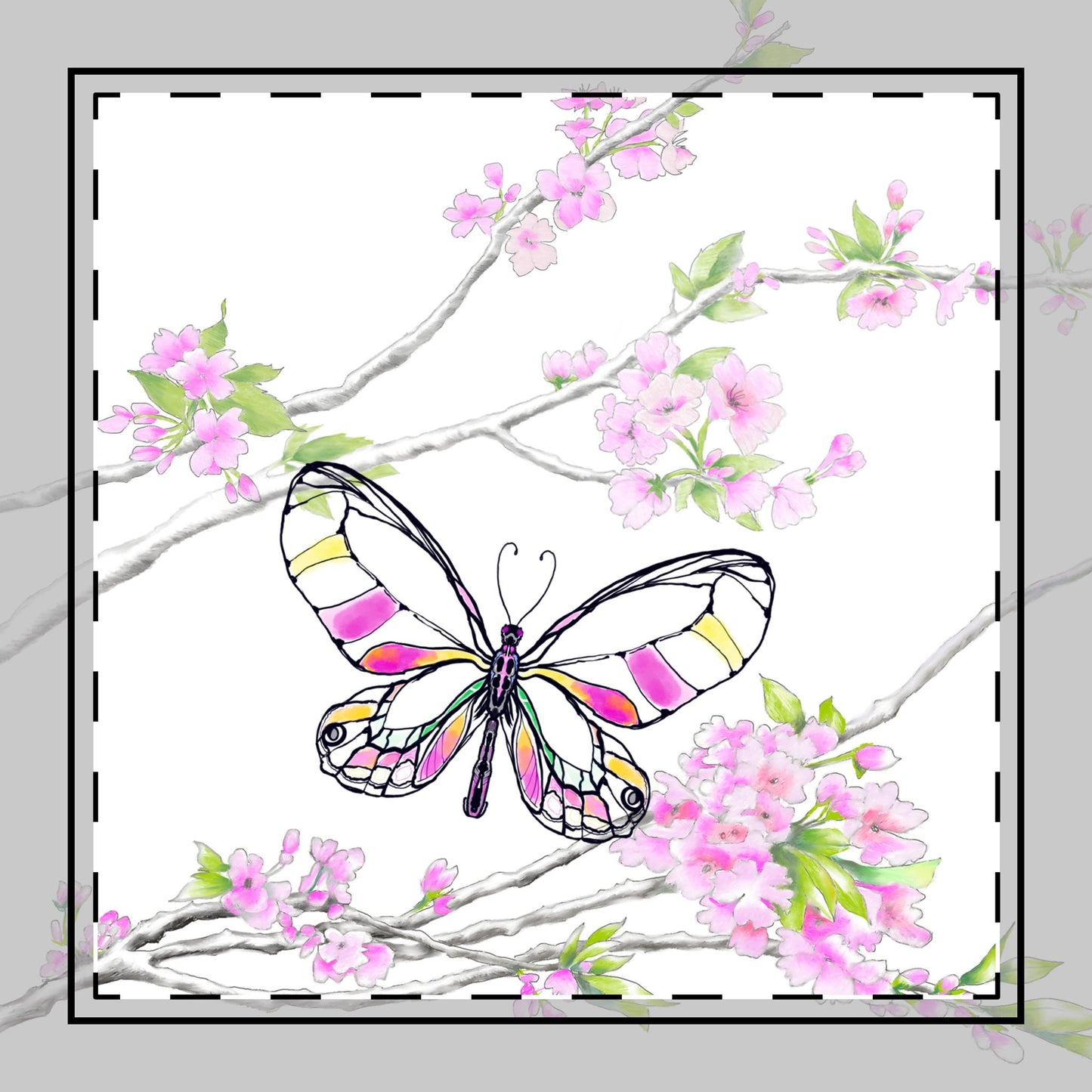 Butterfly Blossom Romp Cotton Twill Napkin , pink, Fabric Background Creamy White, #4