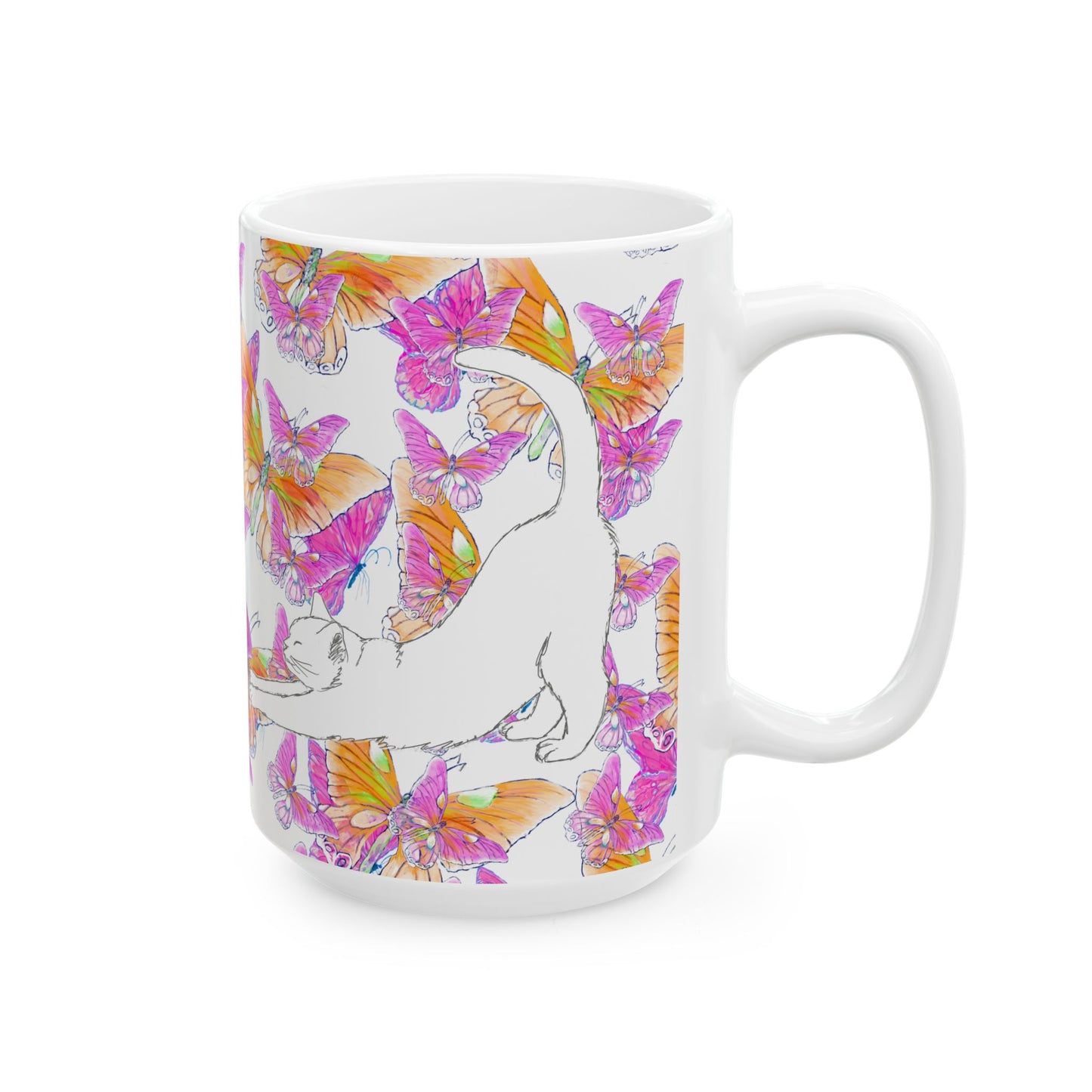 Kitty Flutter Ceramic Mug, Pink/Orange, (11oz, 15oz)