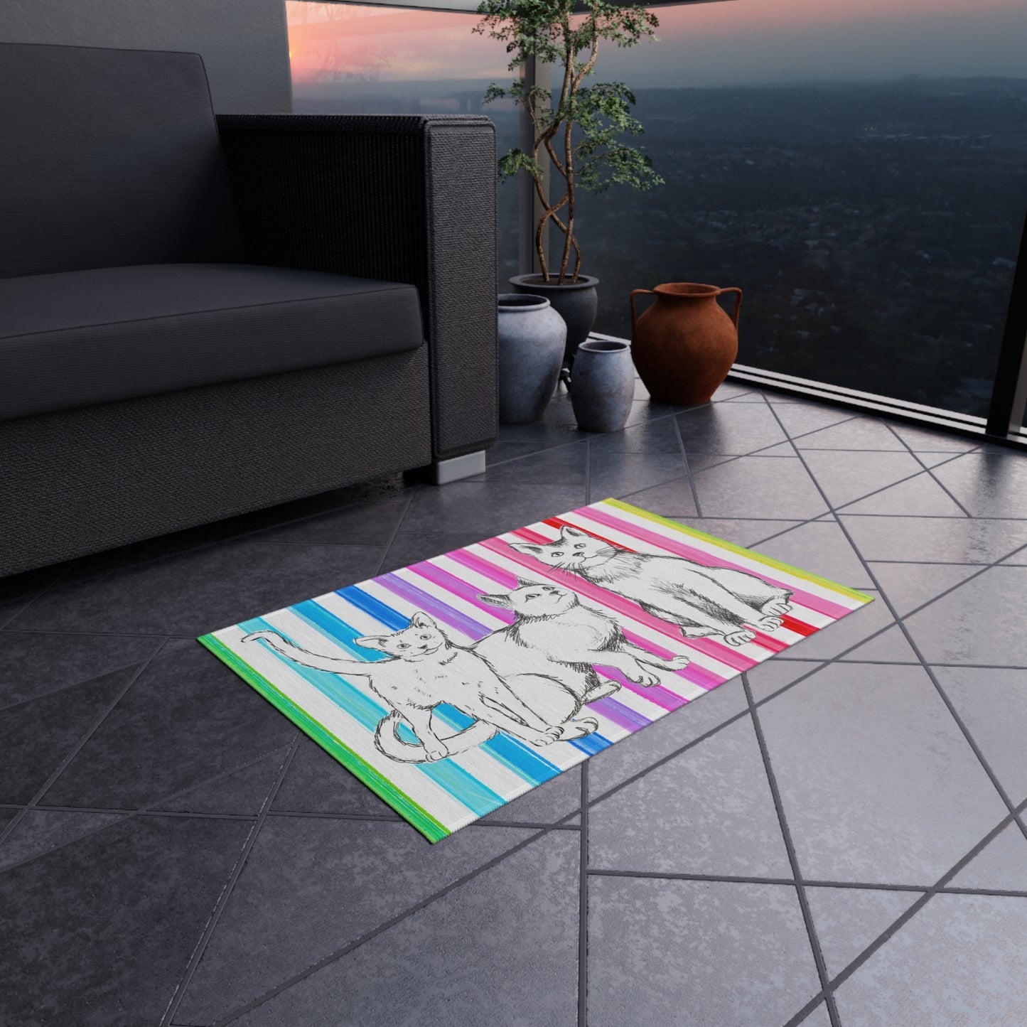 Kitty Fun Indoor/Outdoor Rug blue and black