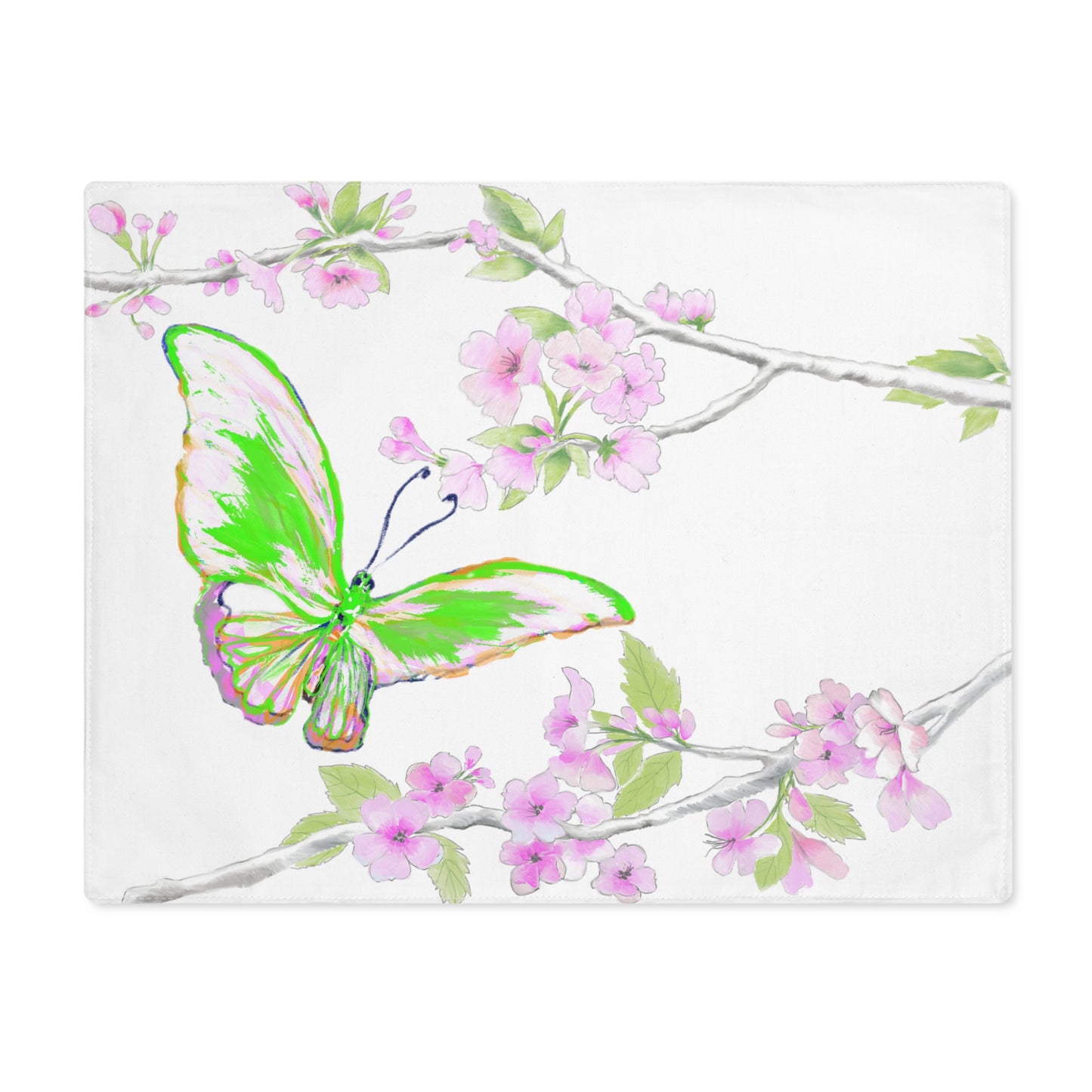 Butterfly Blossom Glide Cotton Twill Placemat, Creamier White. 1pc. Green, # 9