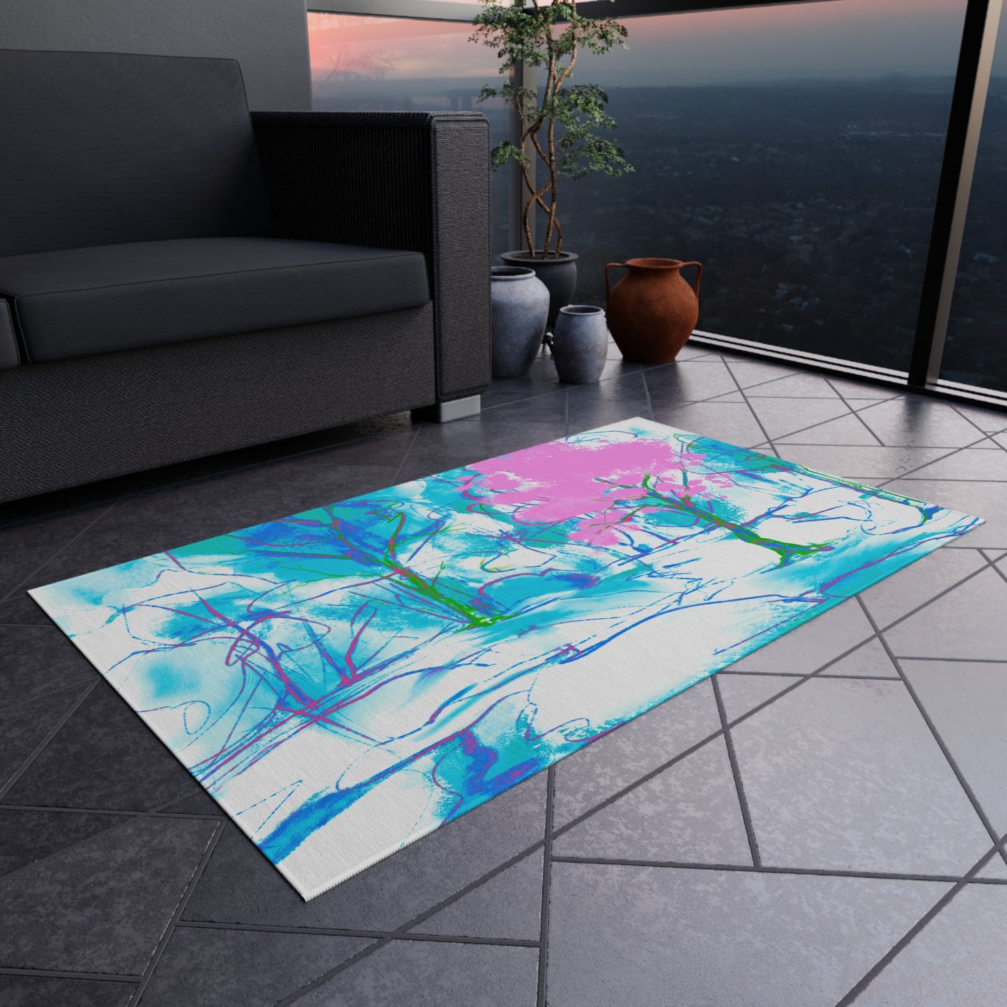 Joyful Landscapes Indoor/Outdoor Rug , Pink and Blue, Non-slip