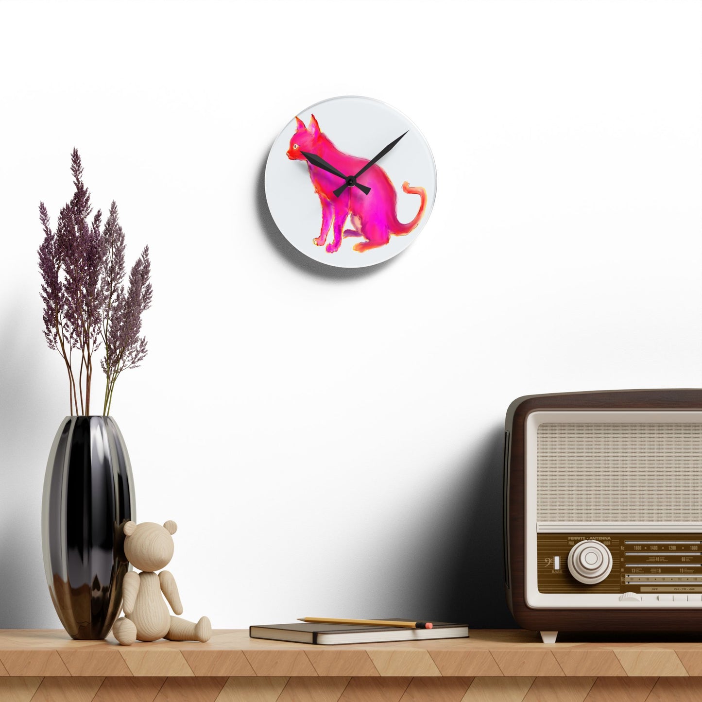 Colorful Cats & Dogs Wall Clock in Bright Pink
