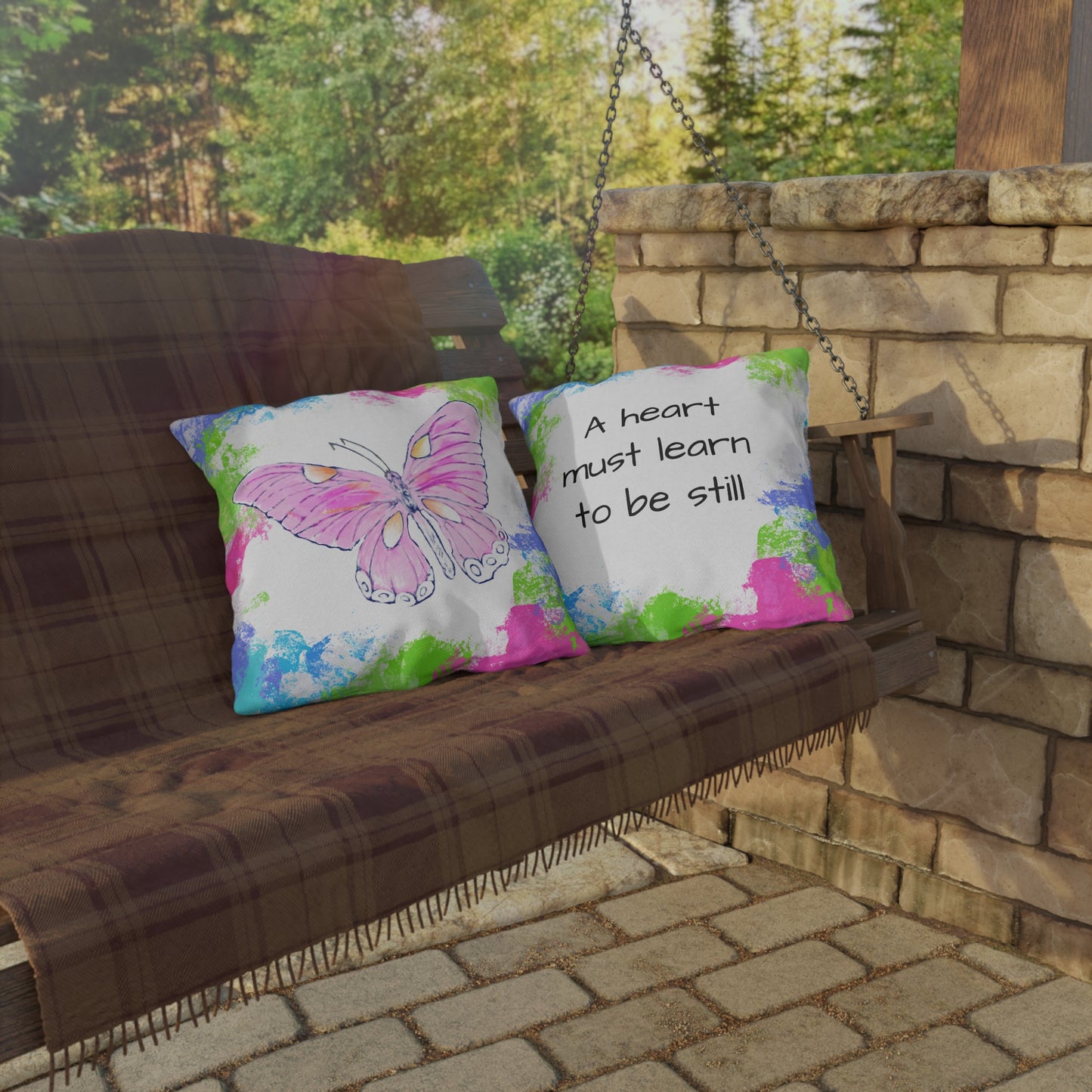 Butterfly Swing Outdoor Pillow A heart must learn to be still