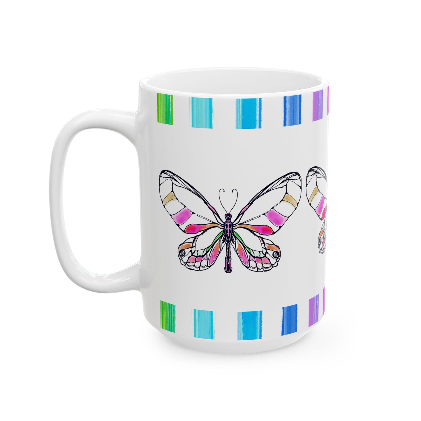Butterfly Rainbow Stripe Ceramic Mug in Pink with Multi-color Striped Border, (Available in 2 sizes 11oz and 15oz)
