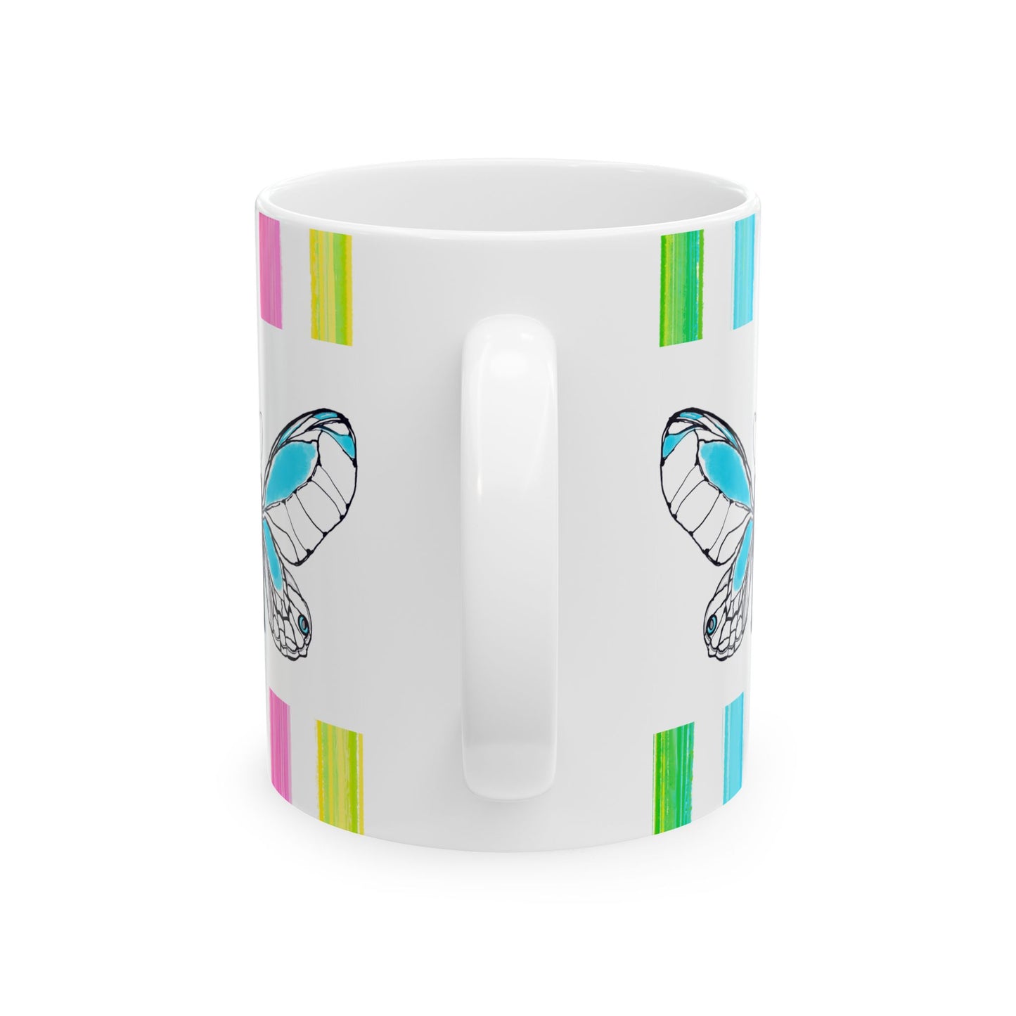 Butterfly Rainbow Stripe Ceramic Mug in Aqua with Multi-color Striped Border, (Available in 2 sizes 11oz and 15oz)