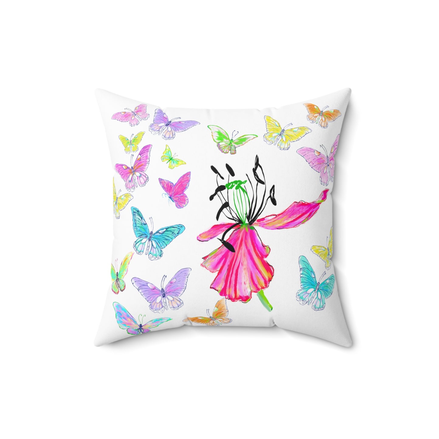 Dancing Tulips Butterflies Spun Polyester Square Pillow. Multi-Color Butterflies, Pink Tulip