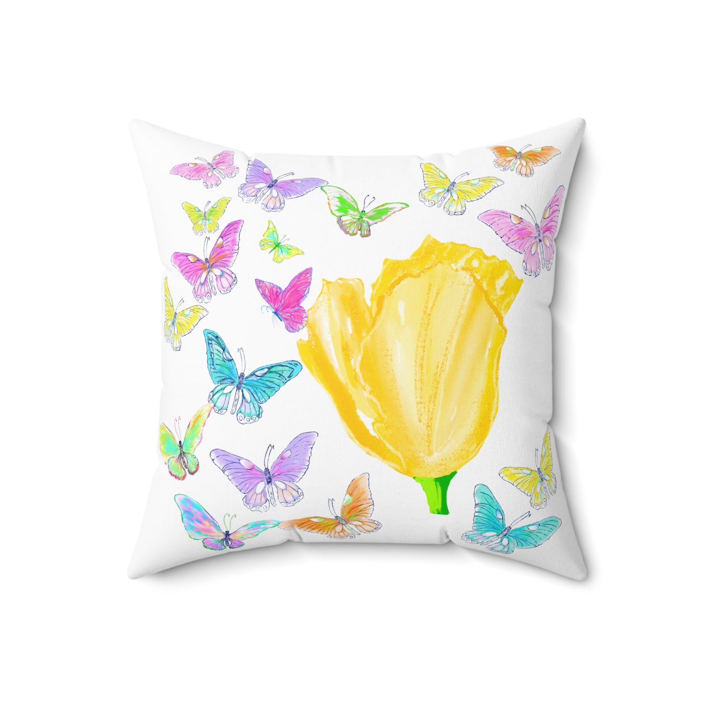 Dancing Tulips Butterflies Spun Polyester Square Pillow. Multi-Color Butterflies, Yellow Tulip
