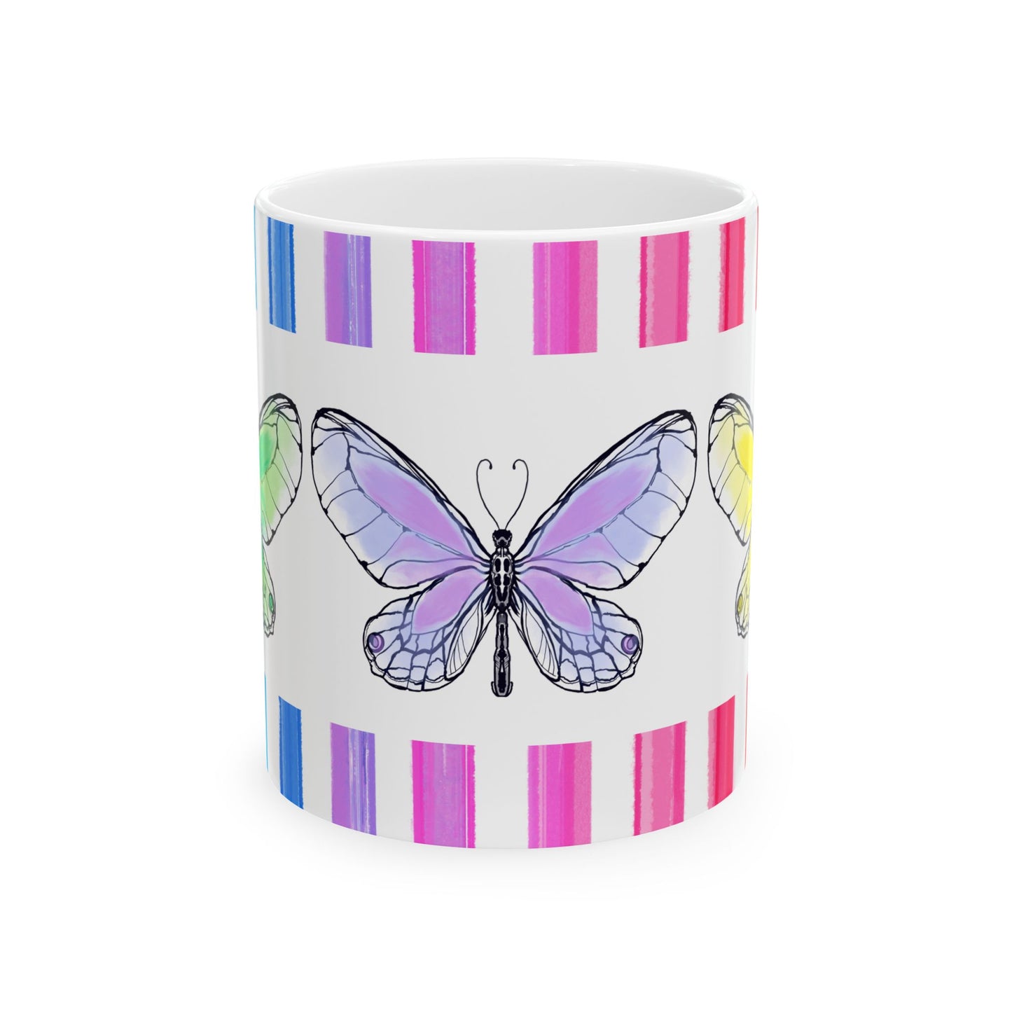 Butterfly Rainbow Stripe Ceramic Mug in Lavender, Yellow, and Green with Multi-color Striped Border, (Available in 2 sizes 11oz and 15oz)