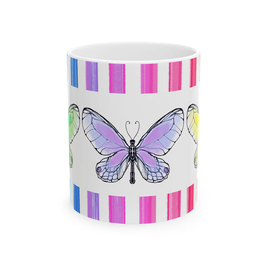 Butterfly Rainbow Stripe Ceramic Mug in Lavender, Yellow, and Green with Multi-color Striped Border, (Available in 2 sizes 11oz and 15oz)
