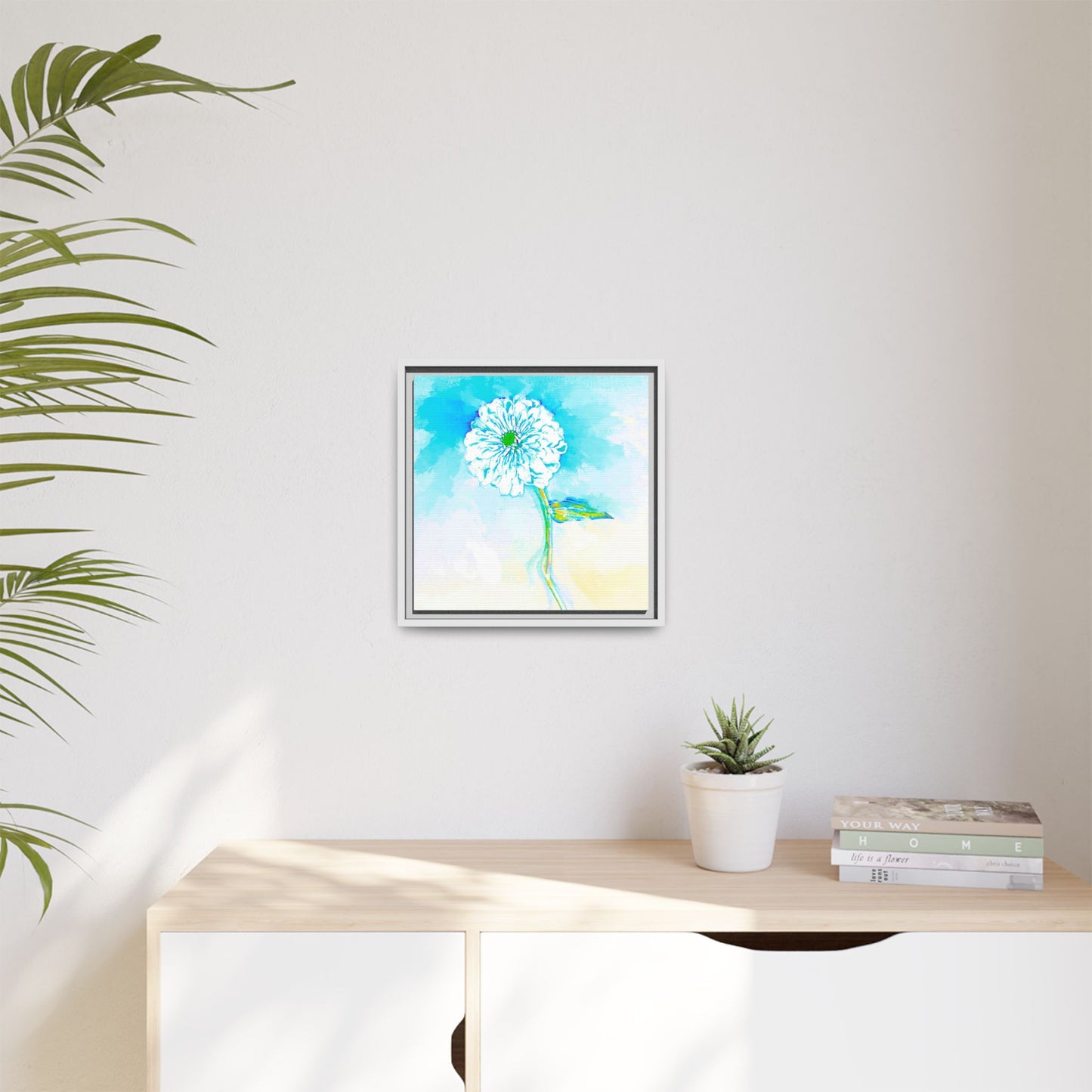 Zinnia Color Splash Matte Canvas Aqua Framed