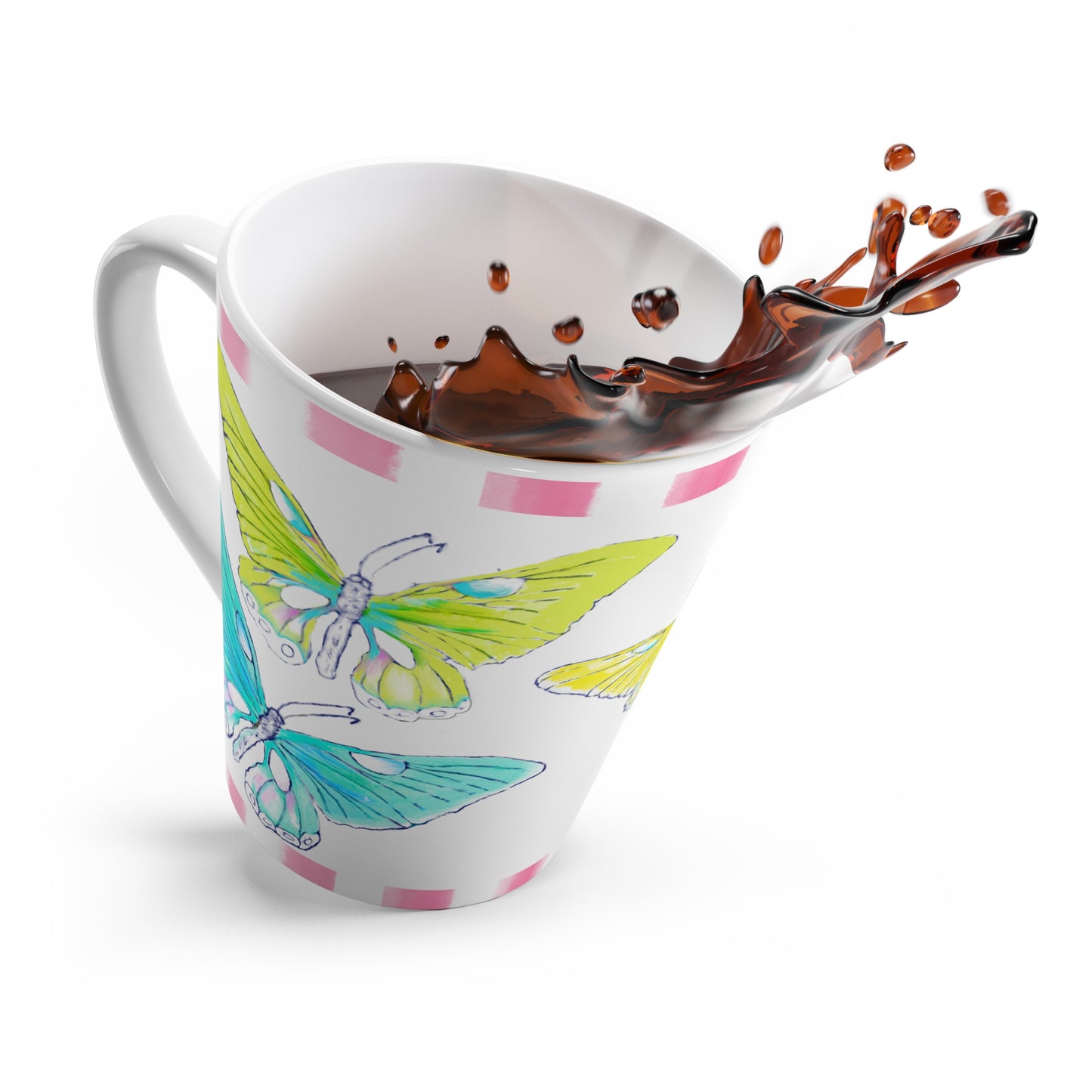 Butterfly Swing Latte Mug Aqua, Pink, Orange, Yellow Butterflies, Pink Stripe