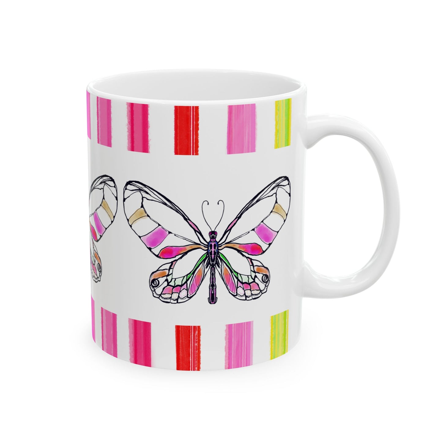 Butterfly Rainbow Stripe Ceramic Mug in Pink with Multi-color Striped Border, (Available in 2 sizes 11oz and 15oz)