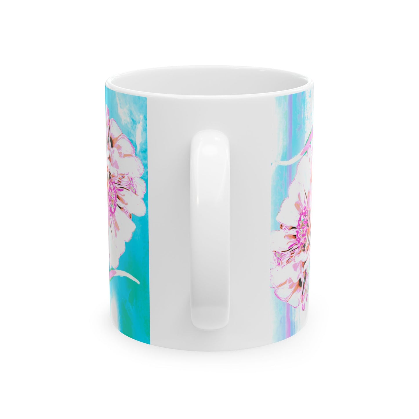 Zinnia Ceramic Mug Aqua Raspberry "A flower is a sermon to the humble heart "