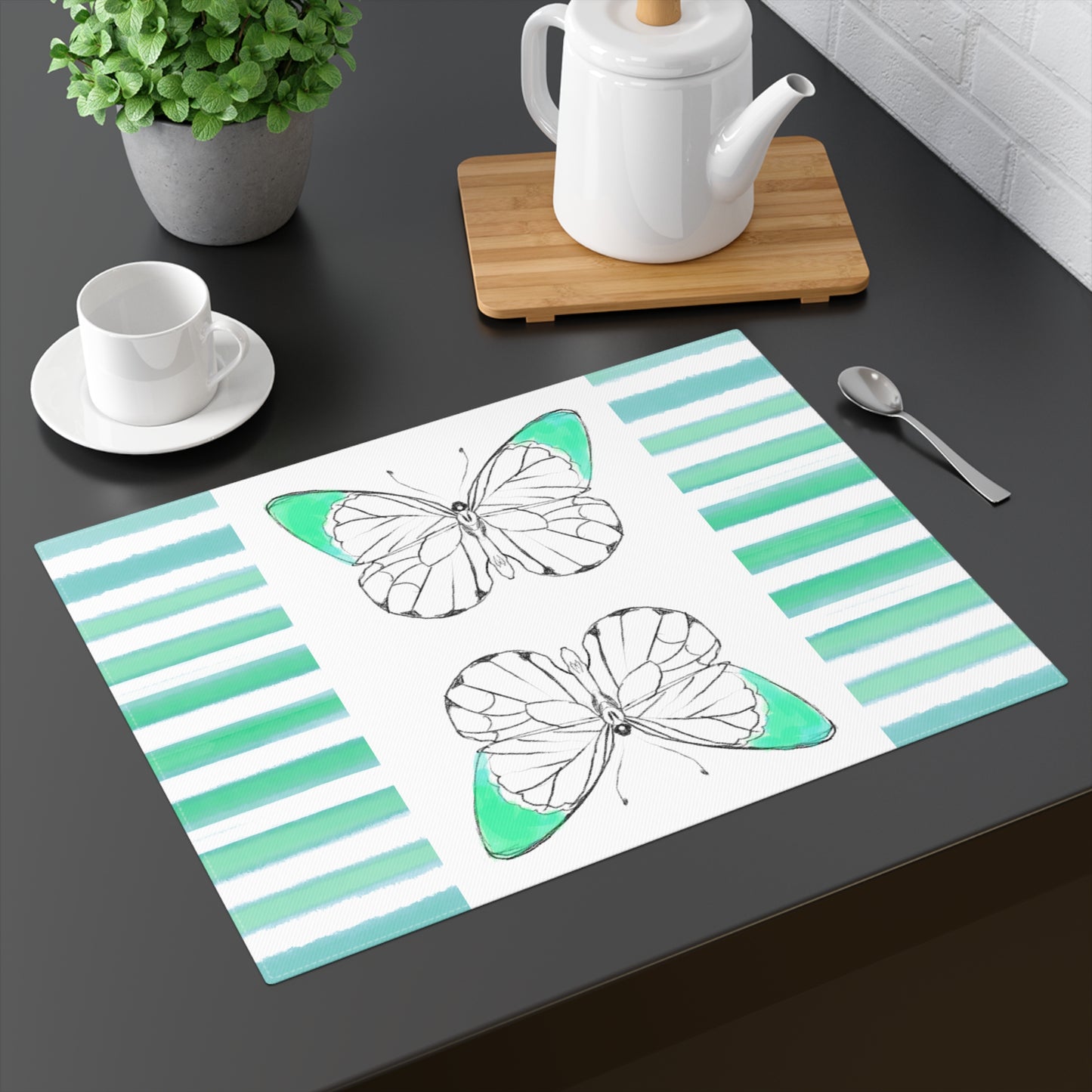 Butterfly Chroma Stripes Placemat, 1pc, Blue Green, Cotton, (Fabric Background Creamy White)