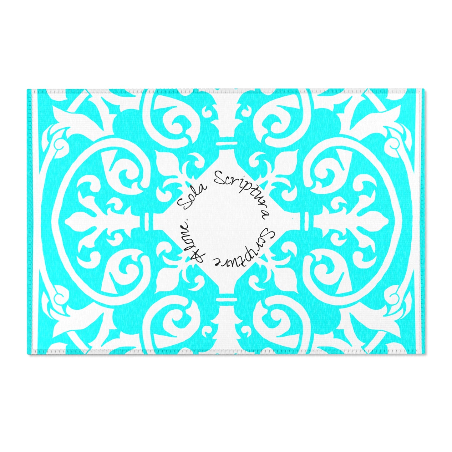 Scrollwork Indoor/Outdoor Rug Aqua "Sola Scriptura..."
