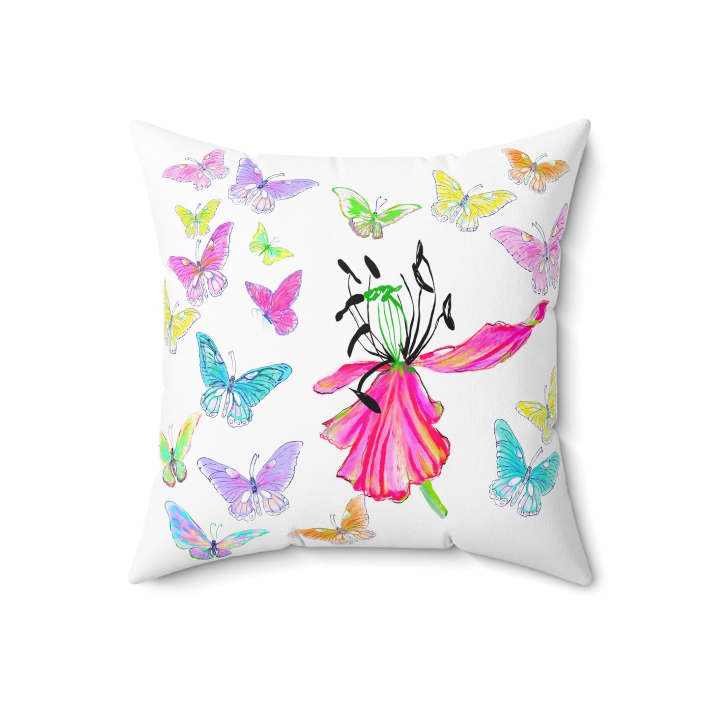 Dancing Tulips Butterflies Spun Polyester Square Pillow. Multi-Color Butterflies, Pink Tulip
