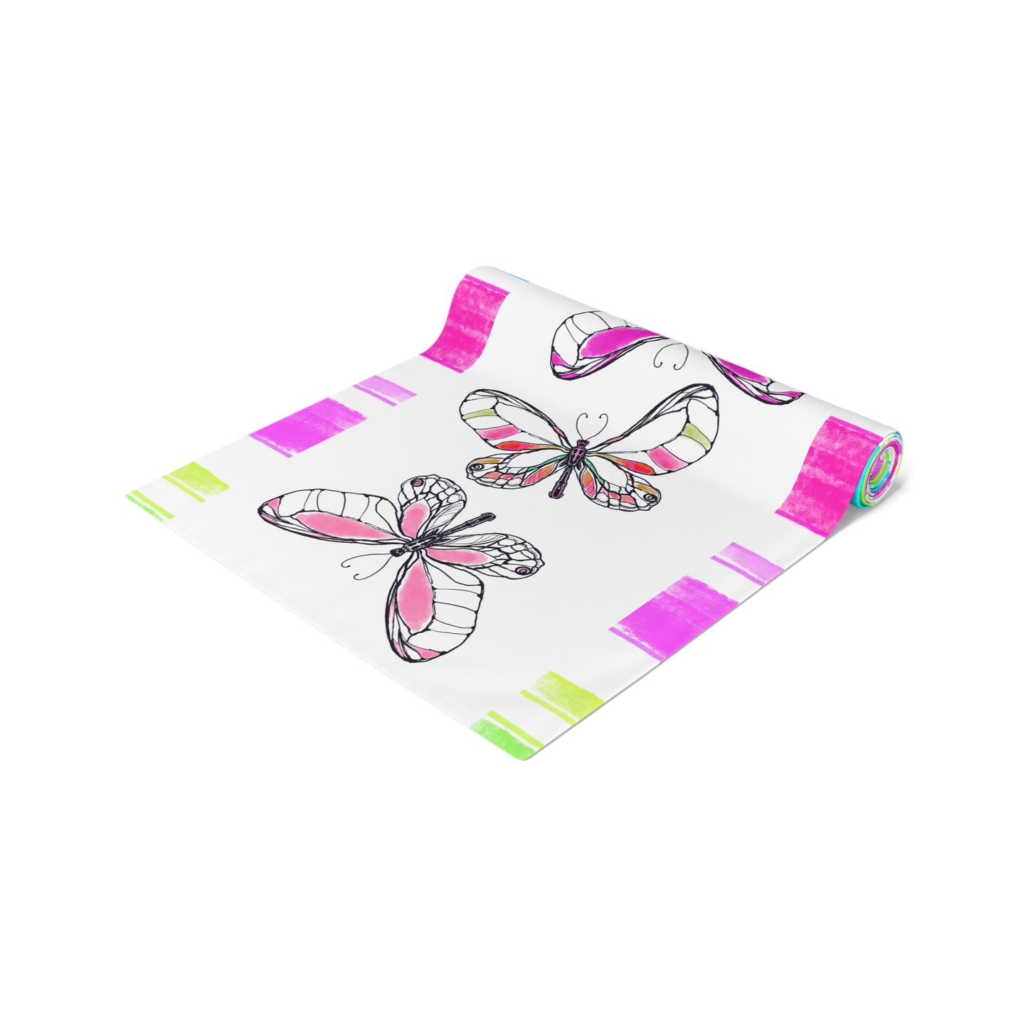 Butterfly Flutterstripe Table Runner in Multi-color With Pink, Blue, Green Border 1 size ( 16" × 72")  (available in Cotton (Creamier) & Polyester (Whiter)