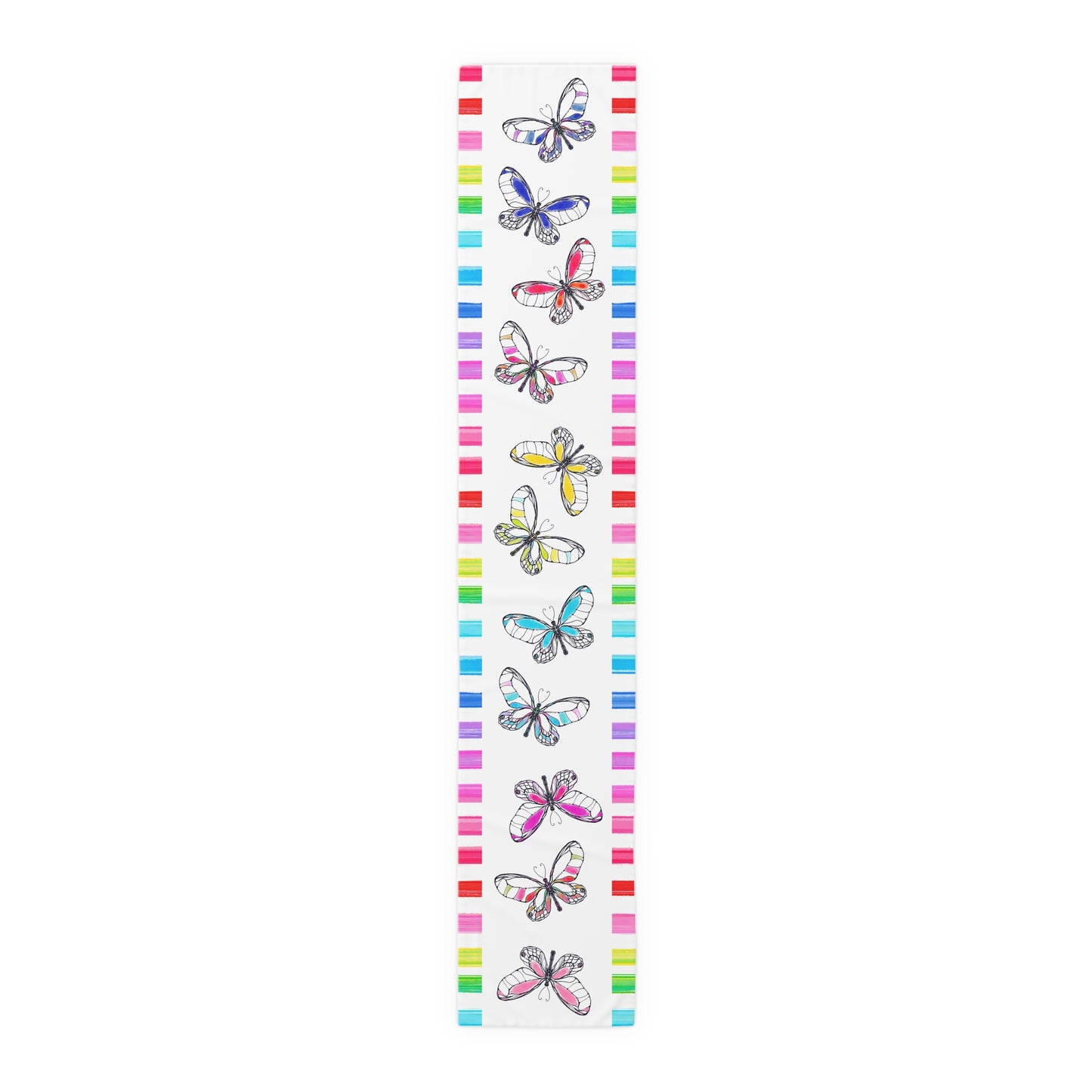 Butterfly Flutterstripe Table Runner in Multi-color with Checked Border 1 size ( 16" Γ 90") (available in Cotton " creamier" & Polyester "whiter"