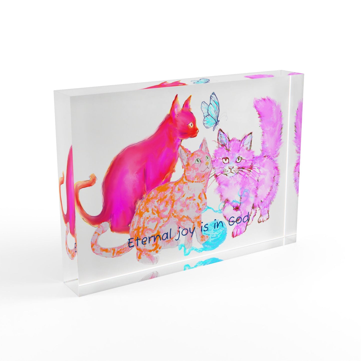 Colorful Cats & Dogs Acrylic Art Block Raspberry, Orange, and Pink "Eternal joy is in God"