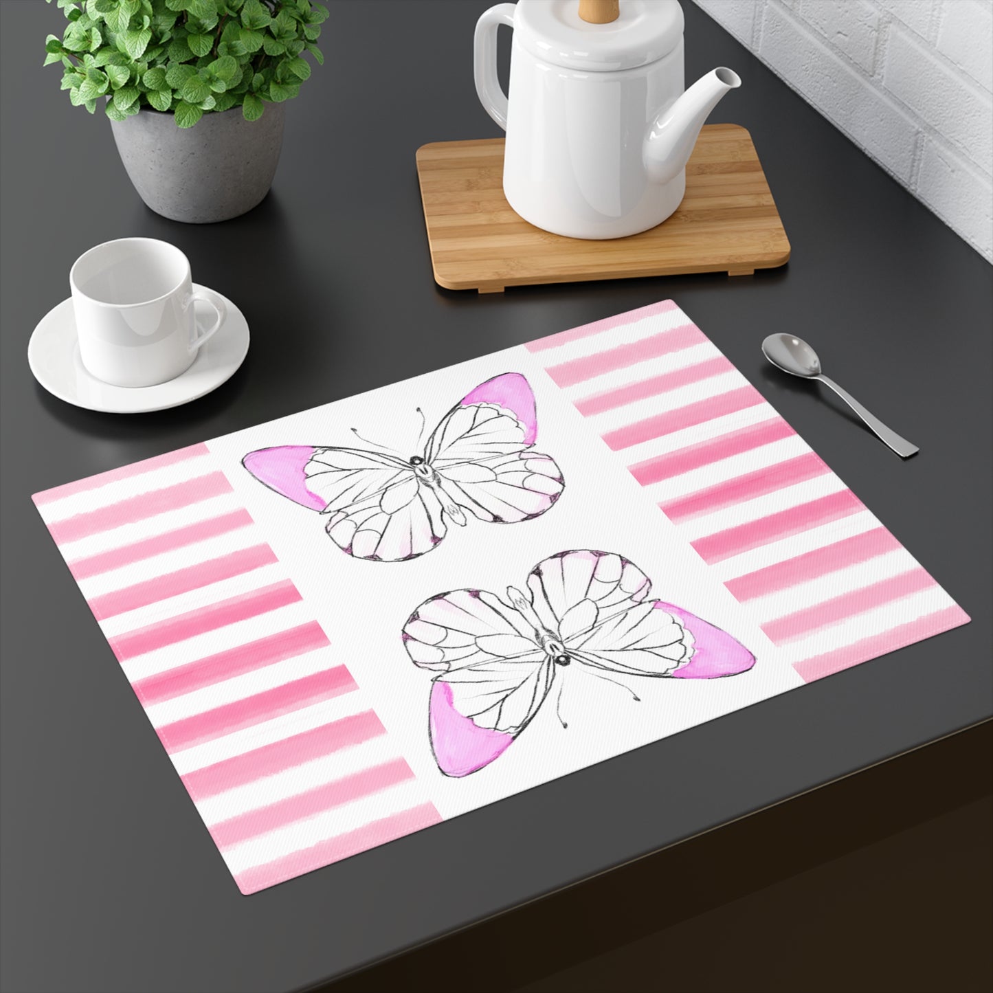 Butterfly Chroma Stripe, Placemat, 1pc, Pink, Cotton, ( Background Color Creamy White)