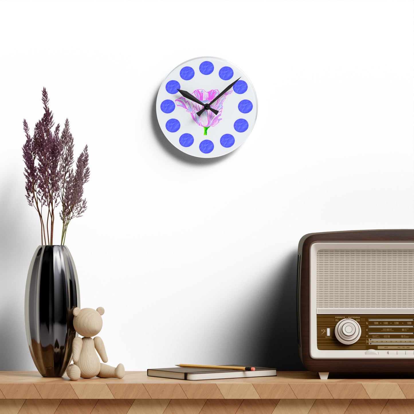 Tulip Love Acrylic Wall Clock, Blue dots Pink Tulip