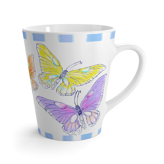 Butterfly Swing  Latte Mug Aqua, Lilac, Pink , Orange, Yellow Butterflies, Blue Stripe