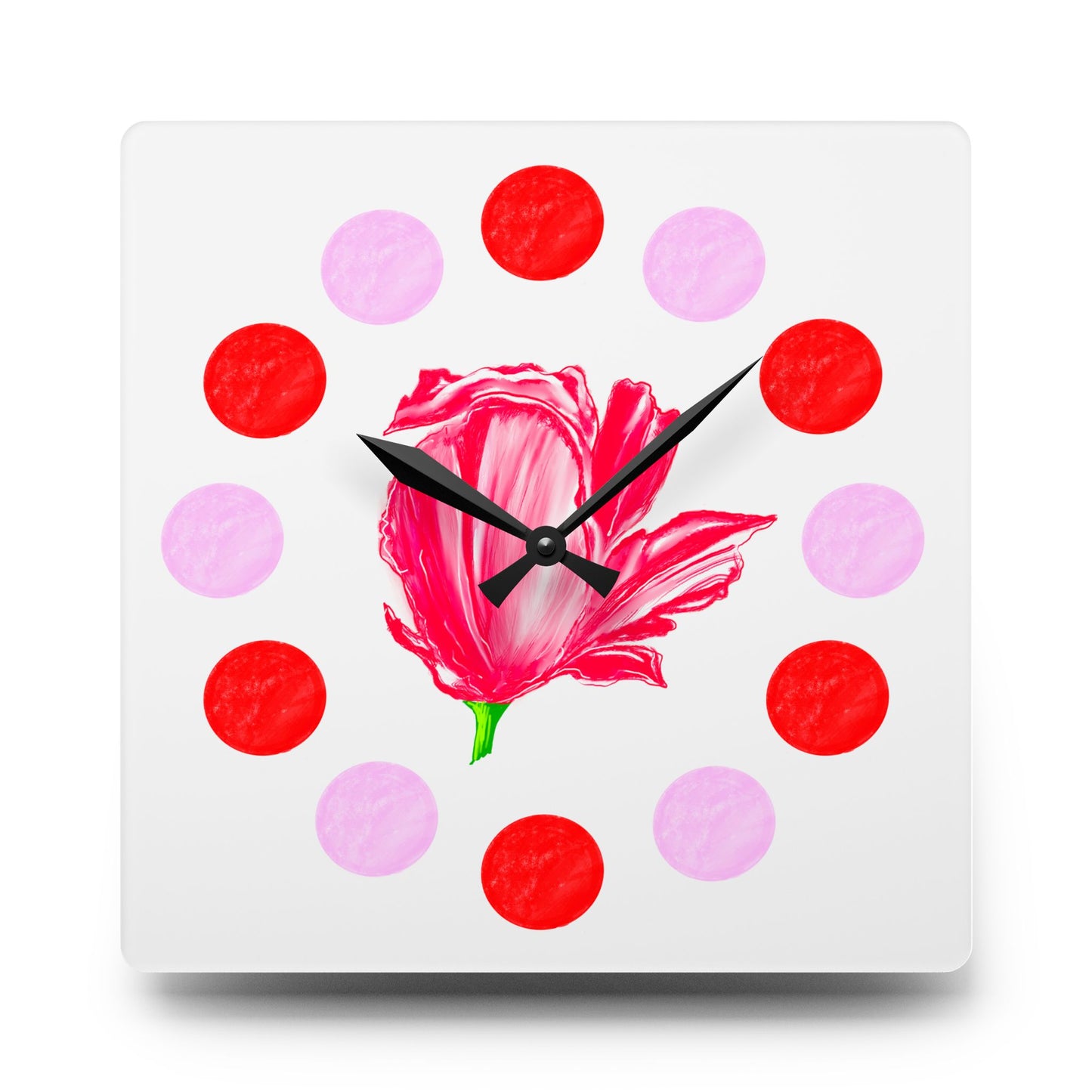 Tulip Love, Acrylic Wall Clock, Pink and Red polka dots Red tulip