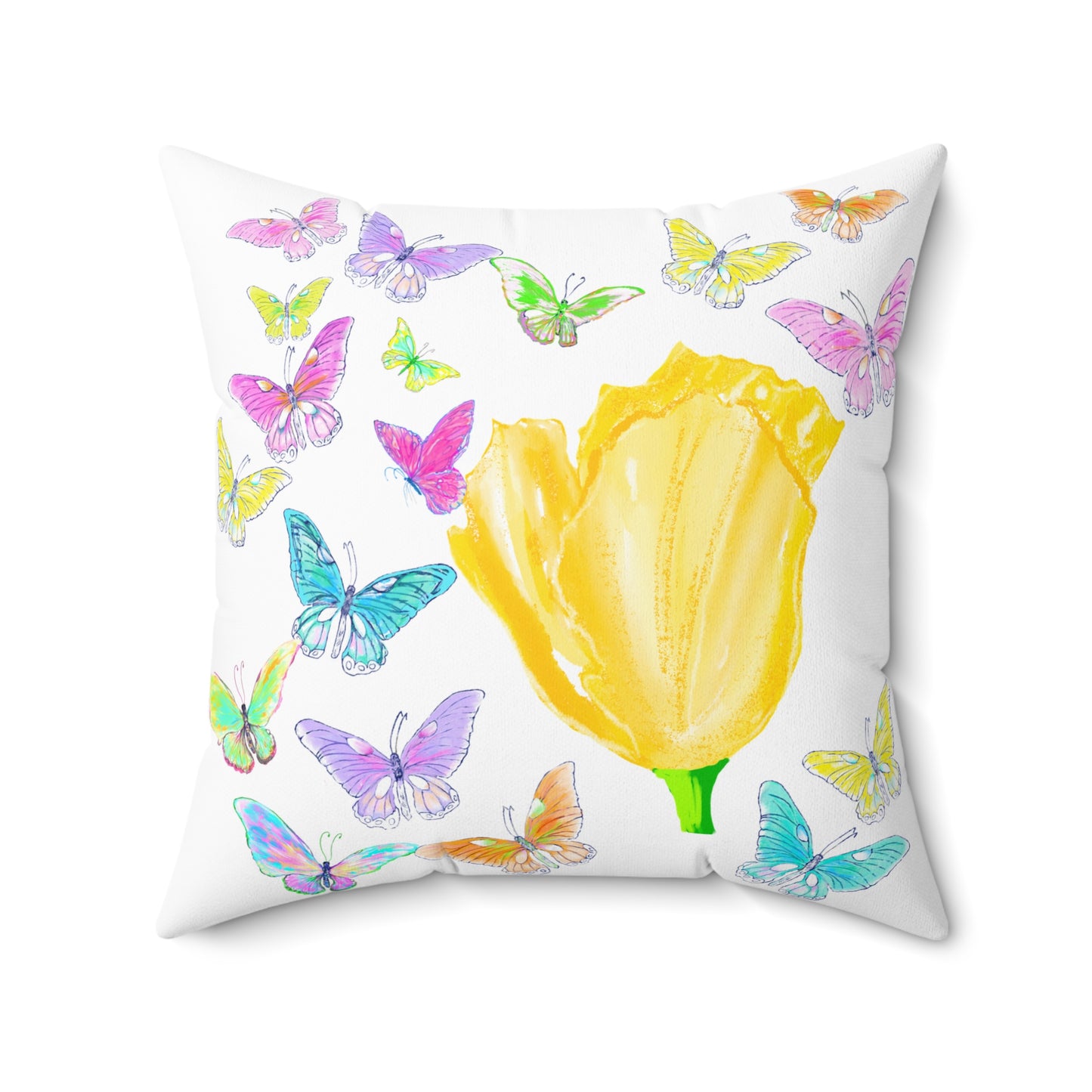 Dancing Tulips Butterflies Spun Polyester Square Pillow. Multi-Color Butterflies, Yellow Tulip