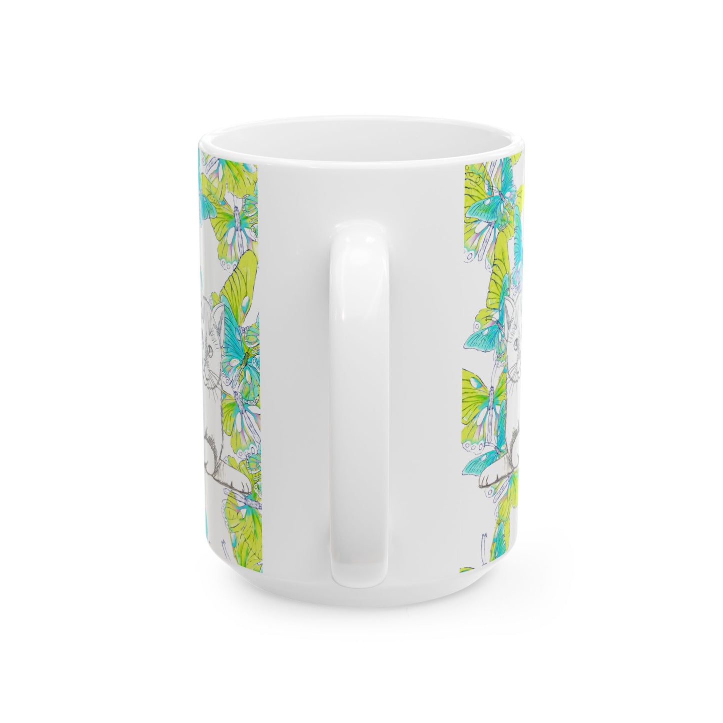 Kitty Flutter Ceramic Mug, Aqua/Lime, (11oz, 15oz)