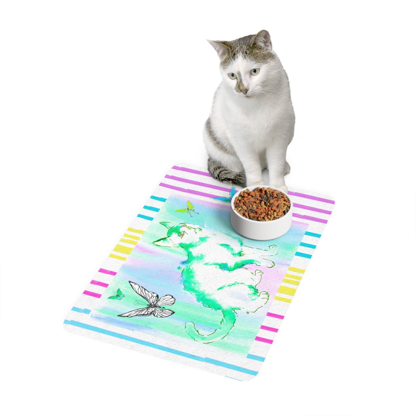 Kitty Flutter Pet Food Mat with Multi-Color Striped Border