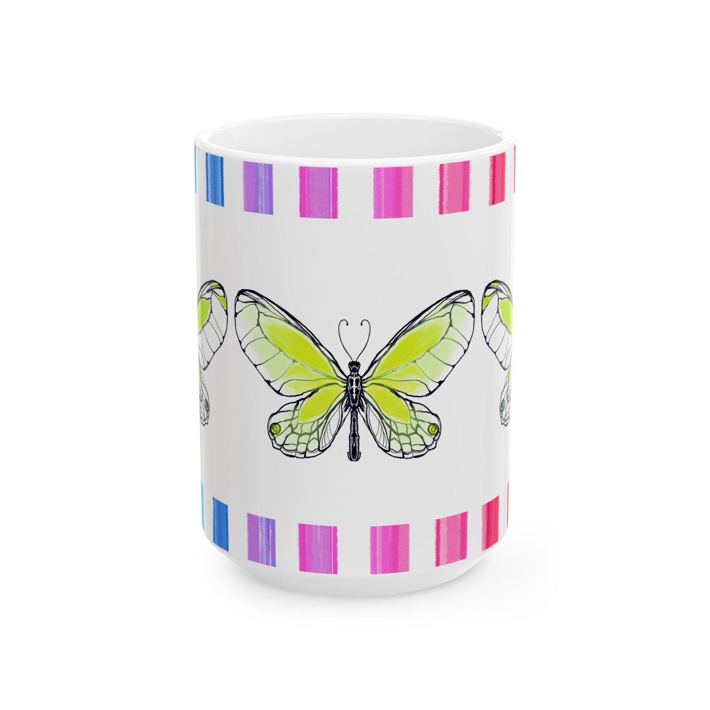 Butterfly Rainbow Stripe Ceramic Mug in Lime with Multi-color Striped Border, (Available in 2 sizes 11oz and 15oz)