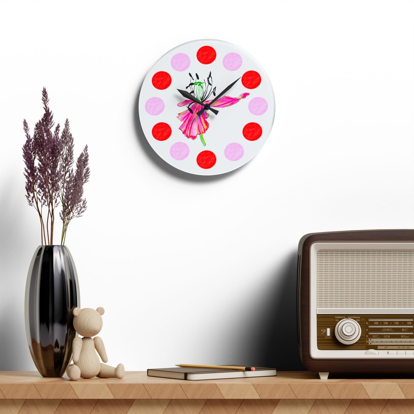 Tulip Love Acrylic Wall Clock, Pink and Red polka dots tulip