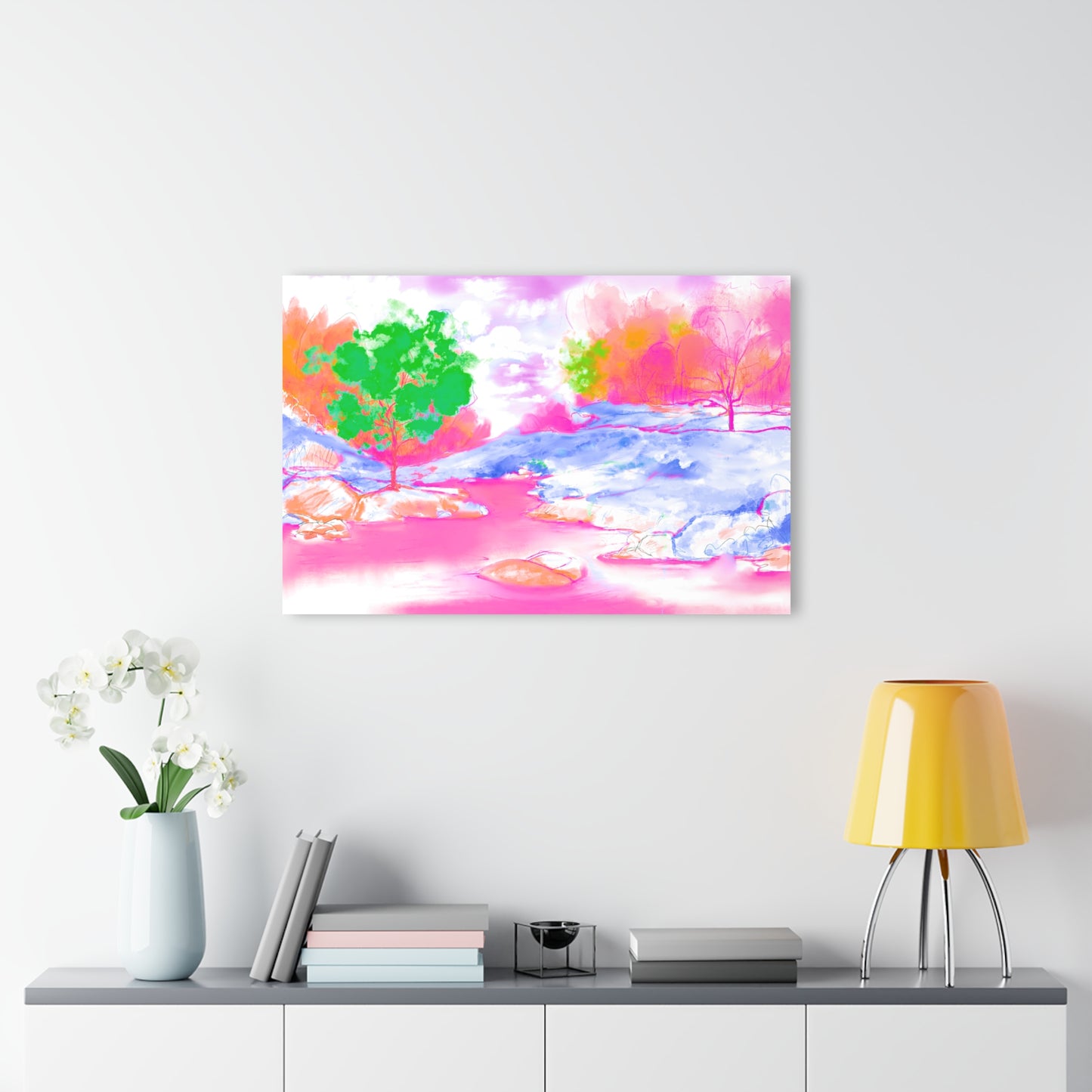 Wall Art Joyful Landscapes Acrylic Print in Raspberry and Green (French Cleat Hanging)