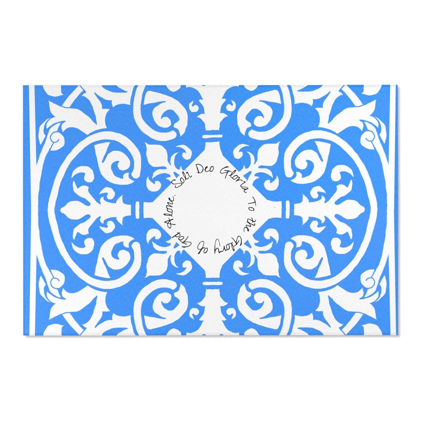 Scrollwork Indoor/Outdoor Rug Blue "Soli Deo Gloria..."