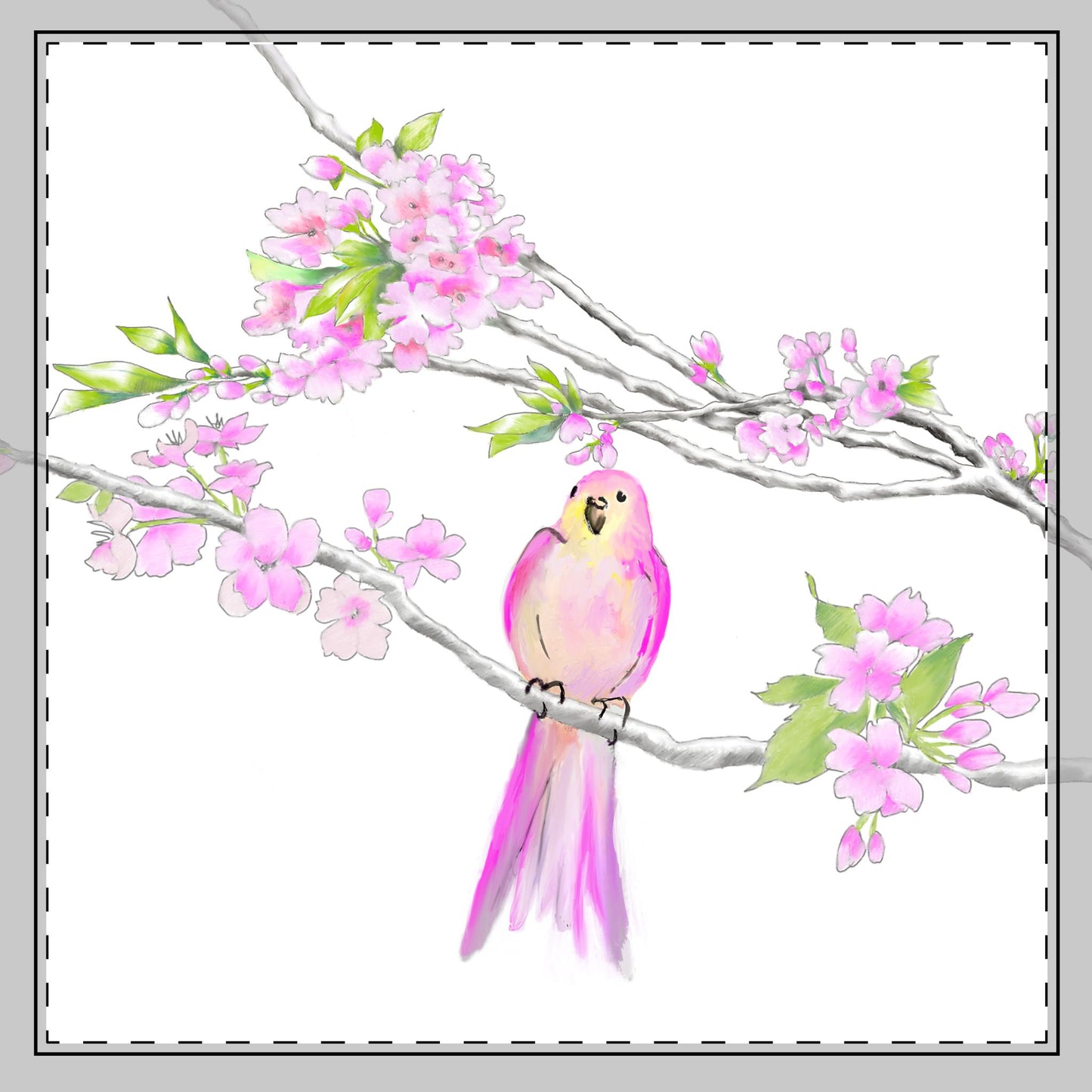 Blossoms & Birds in Pink Poly Twill Napkin, Background Fabric Bright White