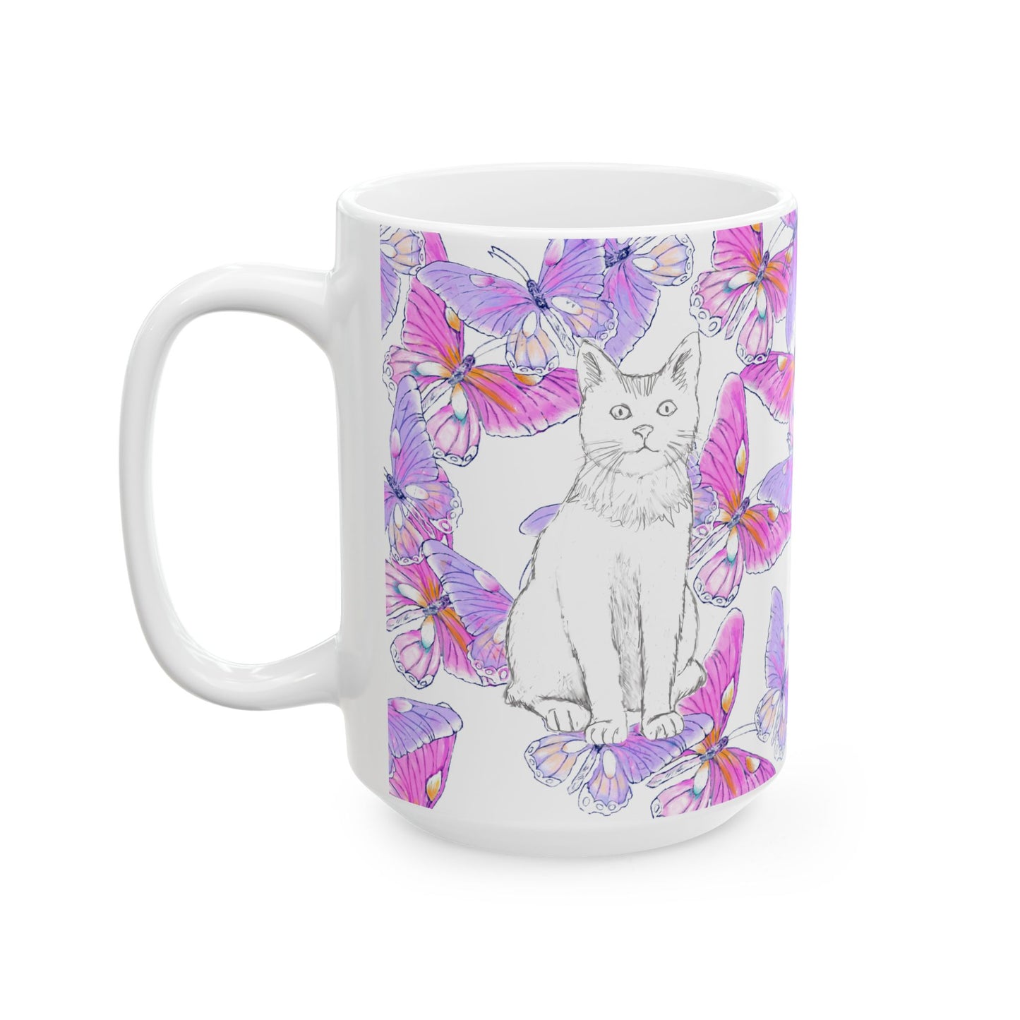 Kitty Flutter Ceramic Mug, Pink/Lavender, (11oz, 15oz)