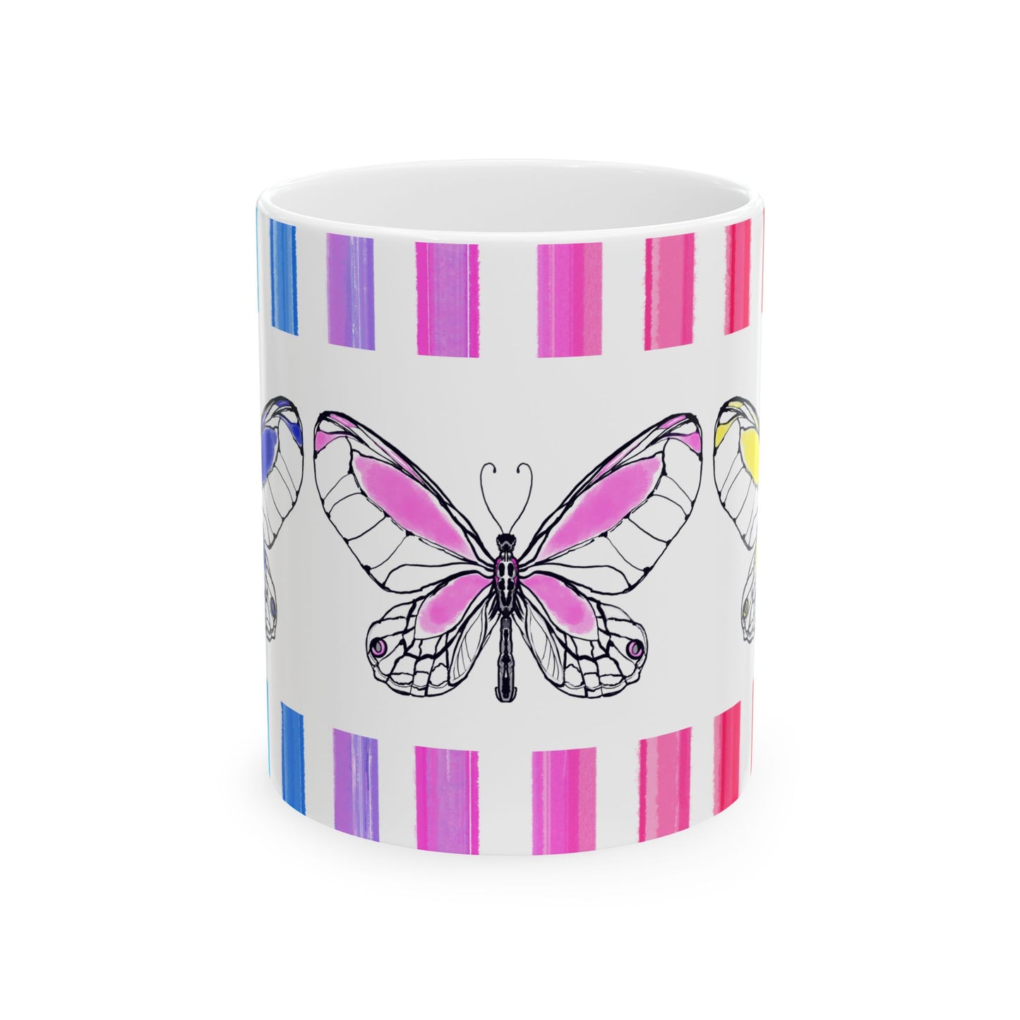 Butterfly Rainbow Stripe Ceramic Mug in Blue, Pink, and Yellow with Multi-color Striped Border, (Available in 2 sizes 11oz and 15oz)