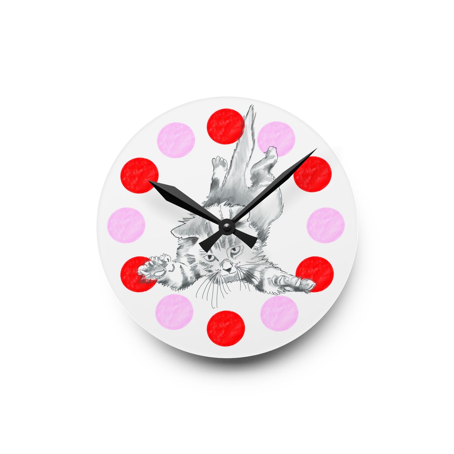 Kitty Fun Acrylic Wall Clock, Pink and Red polka dots tulip