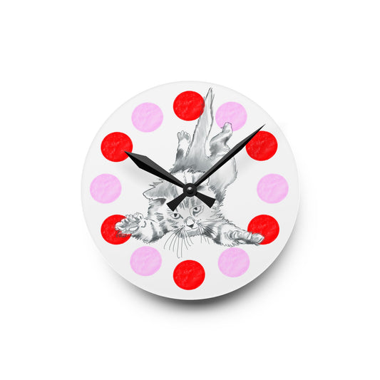 Kitchen & Dining, Office Kitty Fun Acrylic Wall Clock, Pink and Red polka dots tulip
