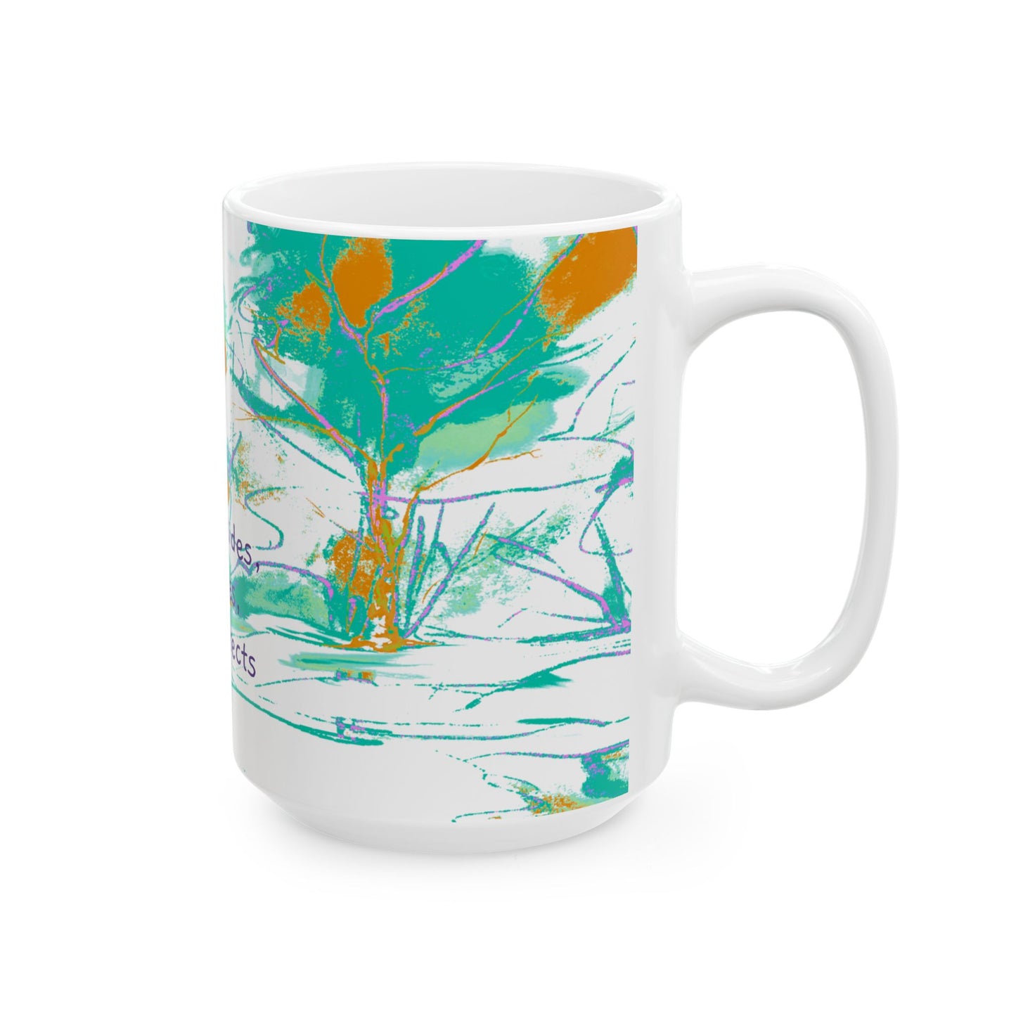 Inspirational Landscapes Ceramic Mug in Blue-Green and Lilac,"God presides, provides, and protects", 11oz