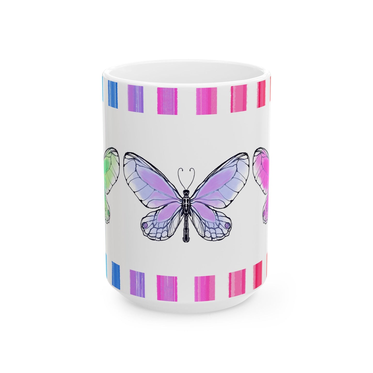 Butterfly Rainbow Stripe Ceramic Mug in Lavender, Pink, and Green with Multi-color Striped Border, (Available in 2 sizes 11oz and 15oz)